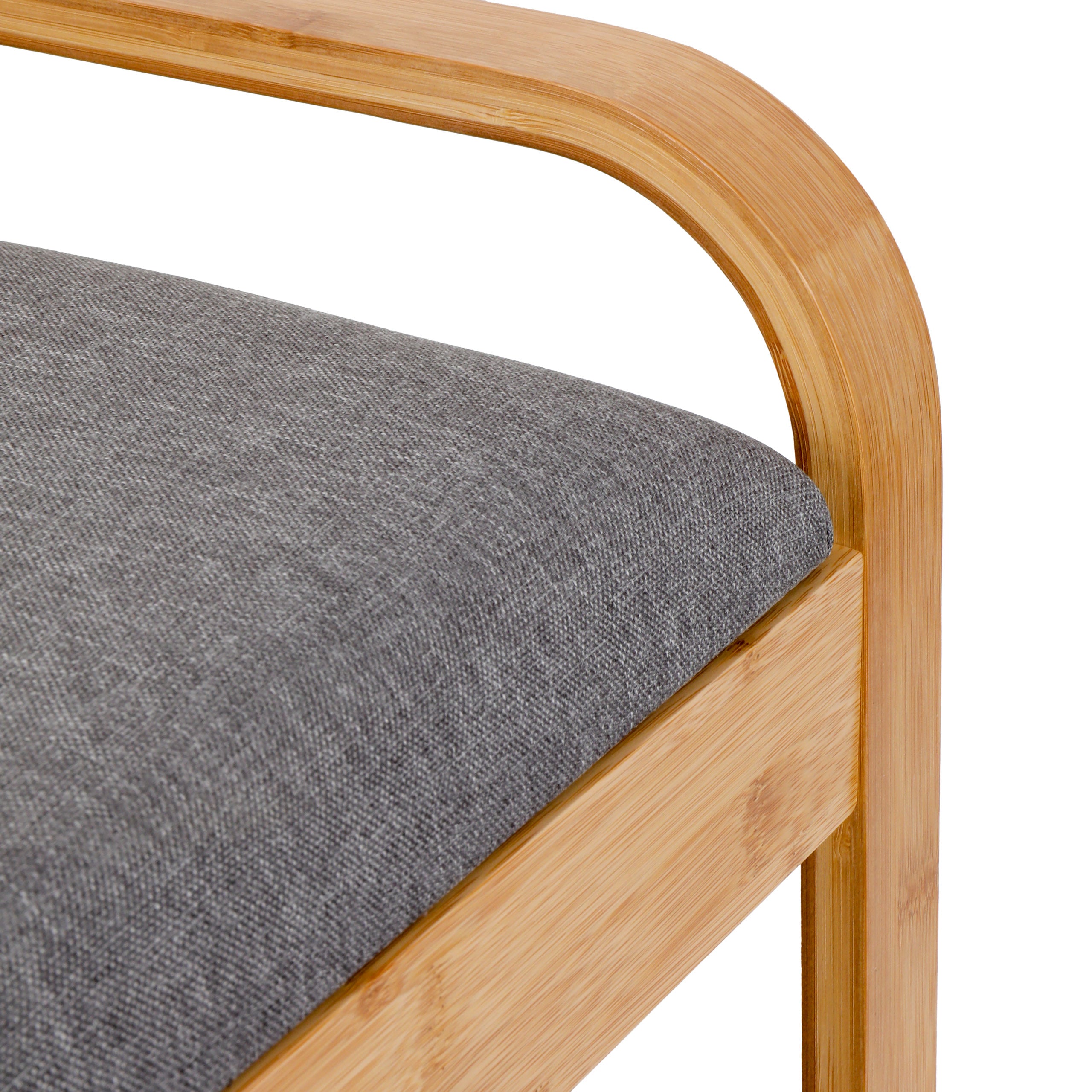 Schuhregal aus Bambus mit Sitzbank - 90 x 50 x 30 cm - Grau, modernes Design mit grauem Sitzkissen und robustem Bambusrahmen.