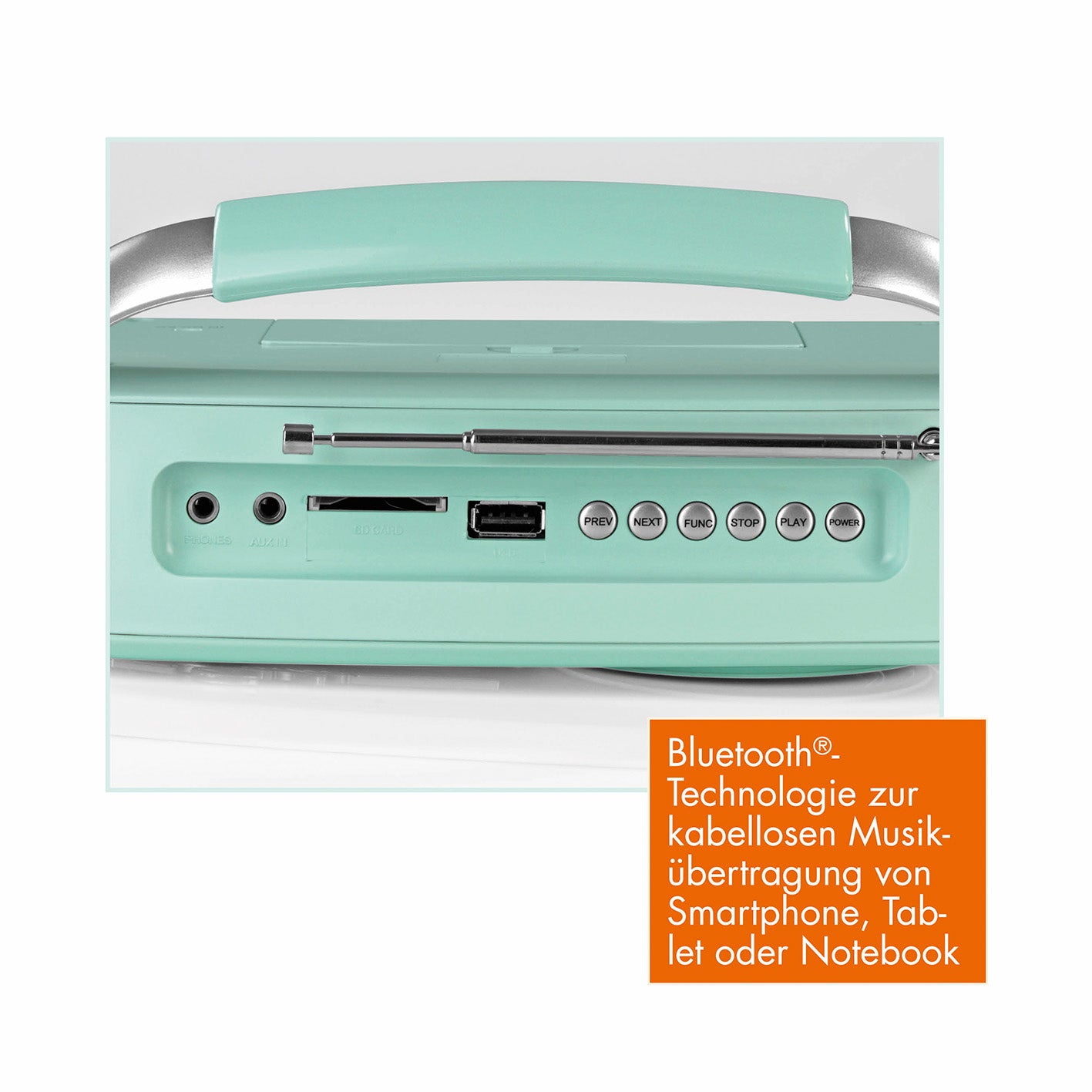Retro-Radio - mint mit Bluetooth, AUX, SD-Karten-Slot, USB-Anschluss, Teleskopantenne und Tragegriff im 50er Jahre Stil.