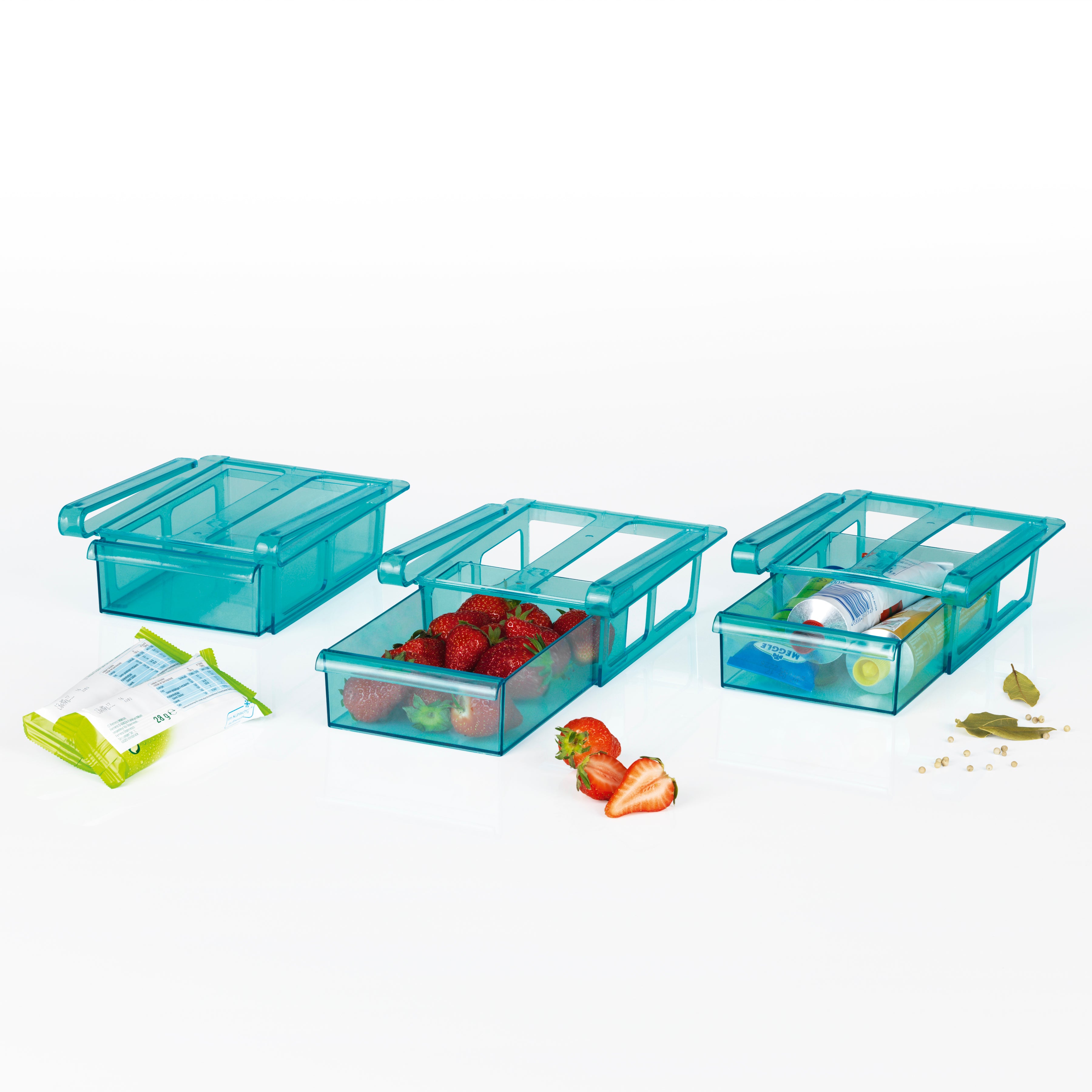 Klemm-Schublade für Kühlschrank - 3er-Set transparent/blau mit praktischem Klemmmechanismus und Sichtfach zur Ordentlichen Aufbewahrung.