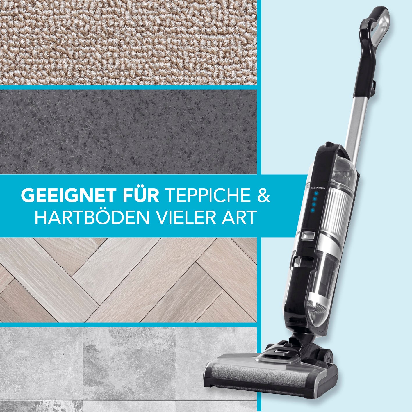 Multi-Bodenreiniger von CLEANmaxx saugt und wischt Teppiche und Hartböden nass und trocken in einem Arbeitsgang.