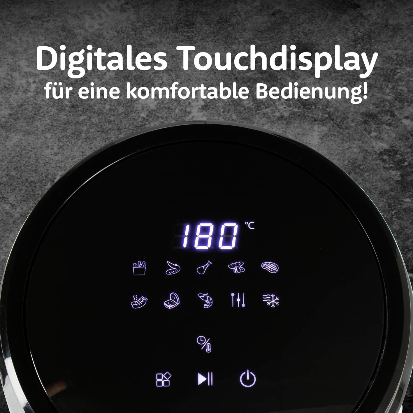 Heißluft-Fritteuse Digital mit Glas-Garkorb - 3,3 l - schwarz mit digitalem Touchdisplay und Temperaturregelung bis 200 °C.