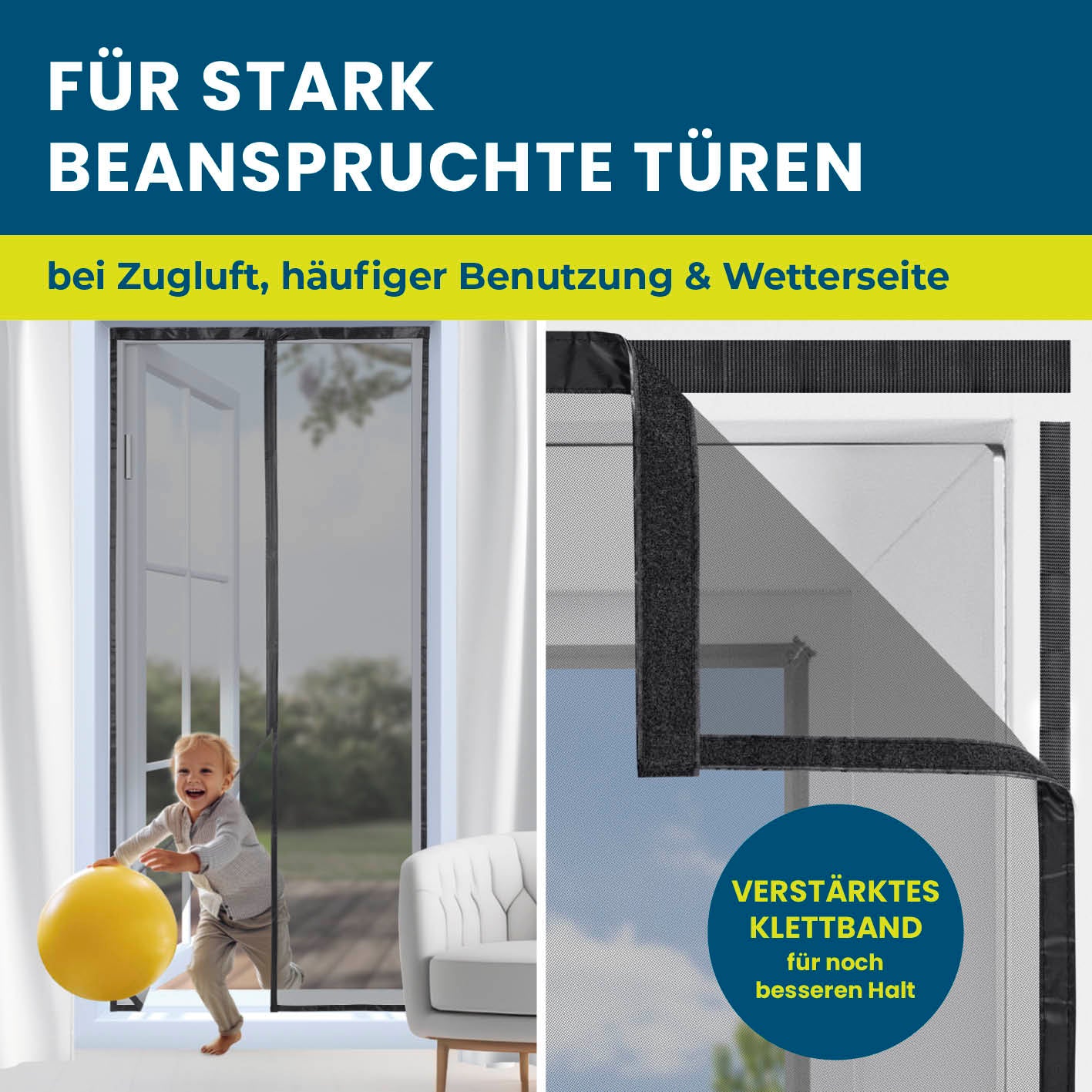 Insekten- & Pollenschutzvorhang - 100 x 210 cm mit verstärktem Klettband für starke Beanspruchung und selbstschließendem Magnetverschluss.
