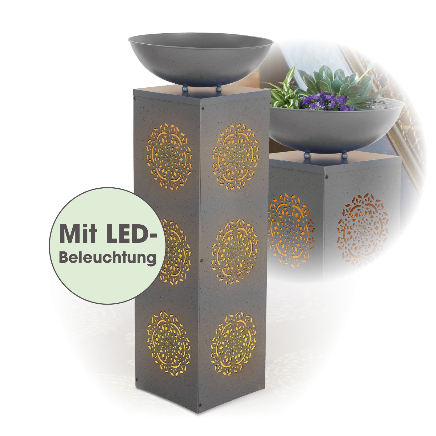 LED-Dekosäule Beton-Optik mit Pflanzschale Mandala - 87 cm - Grau mit LED-Beleuchtung und dekorativem Mandala-Design.