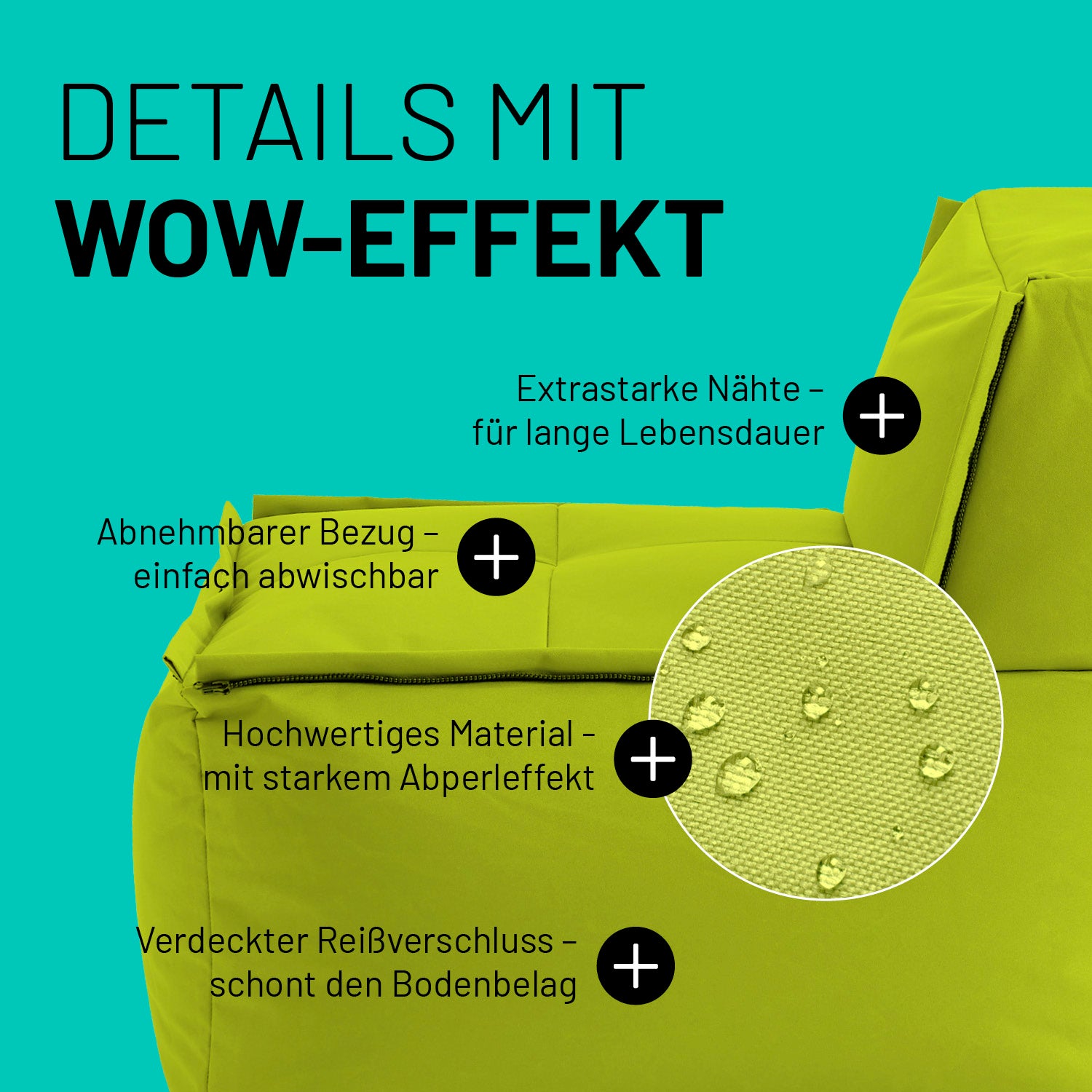 Sitzsack-Sofa Mittelstück (200 L) in Apfelgrün mit abnehmbarem Bezug, extrastarken Nähten und verdecktem Reißverschluss.