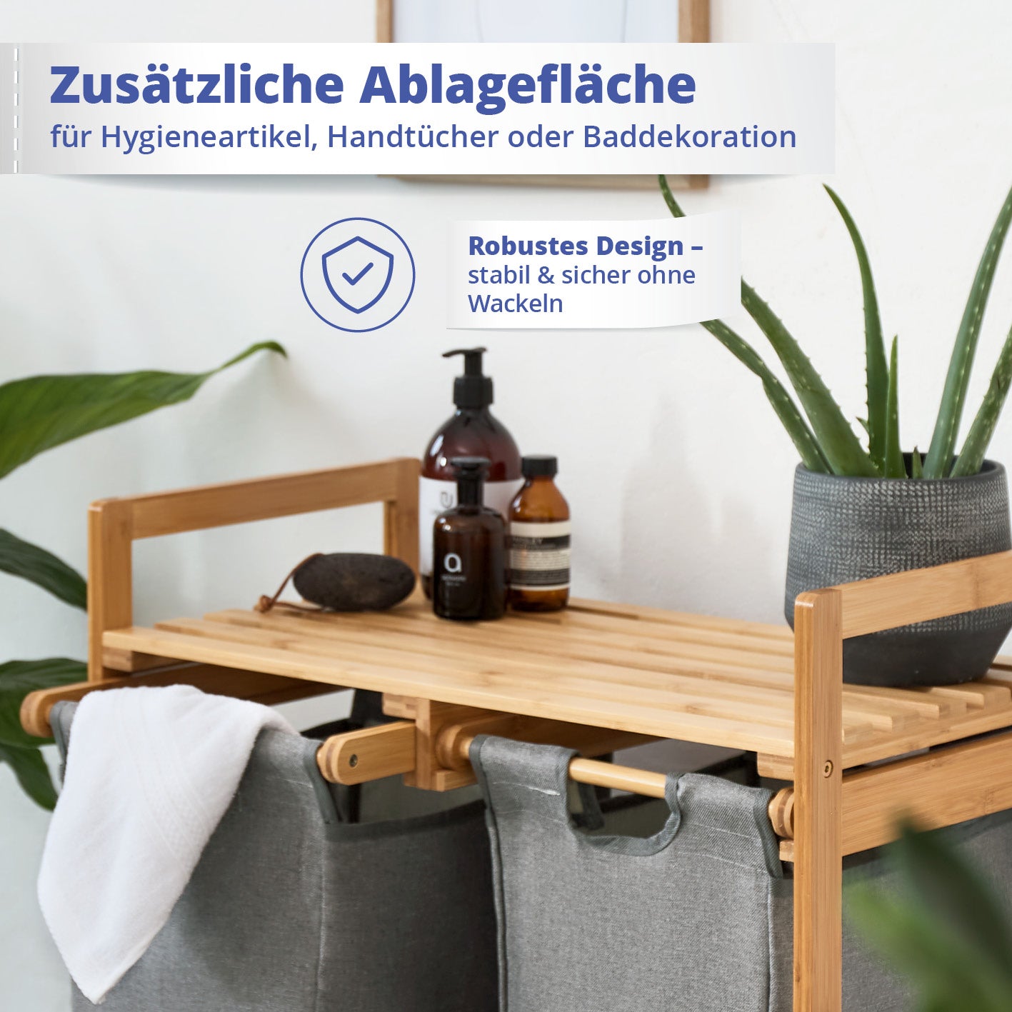 Bambus Wäschekorb mit 2 ausziehbaren Wäschesacken - 73 x 64 x 33 cm - Dunkelgrau