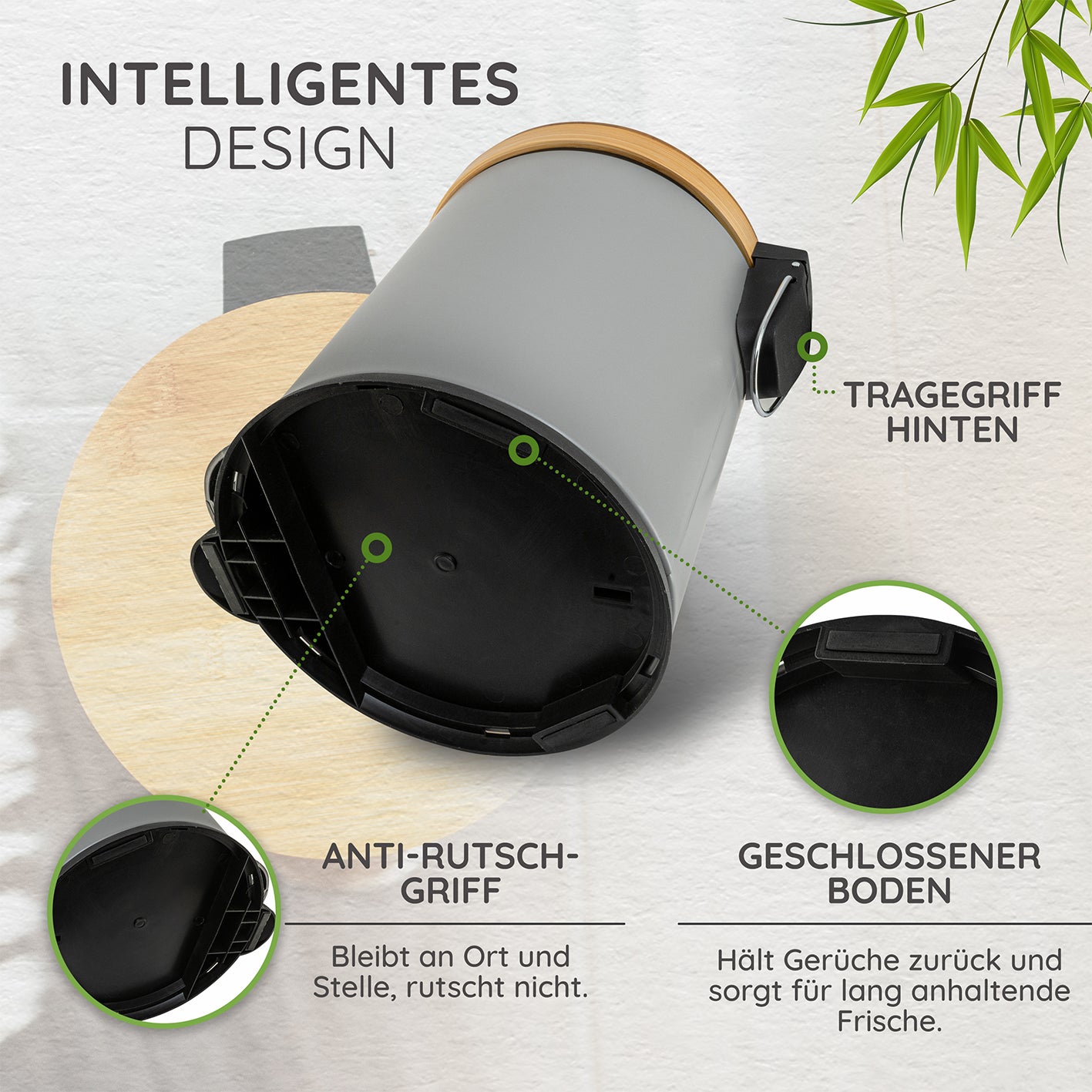 Tretmülleimer mit Softclose-Deckel - 5 l - Grau mit rutschfestem Boden, Tragegriff und geräuschlosem Softclose-Deckel für frische Luft.