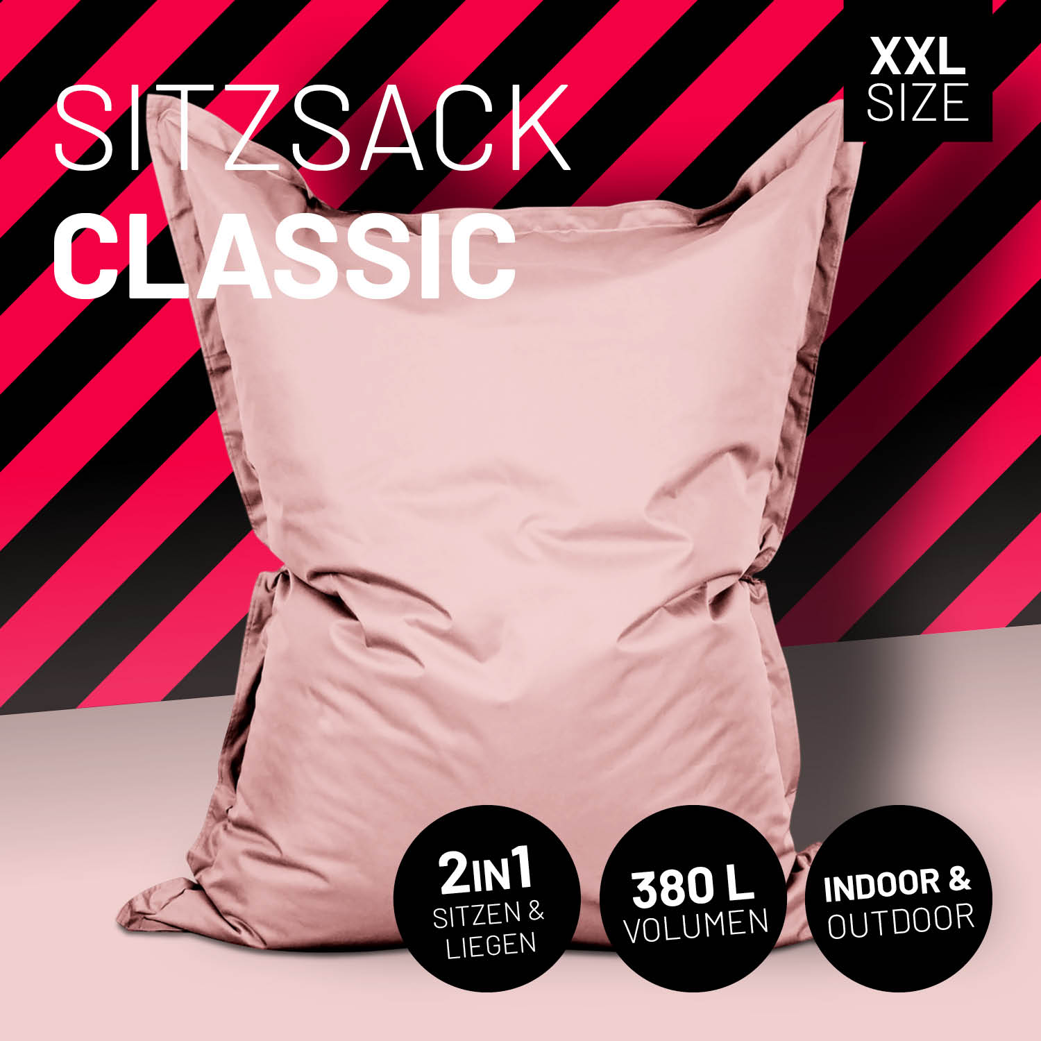Sitzsack Classic XXL (380 L) - indoor & outdoor in Pastell Pink, groß, bequem, pflegeleicht, vielseitig für Sitzen und Liegen.