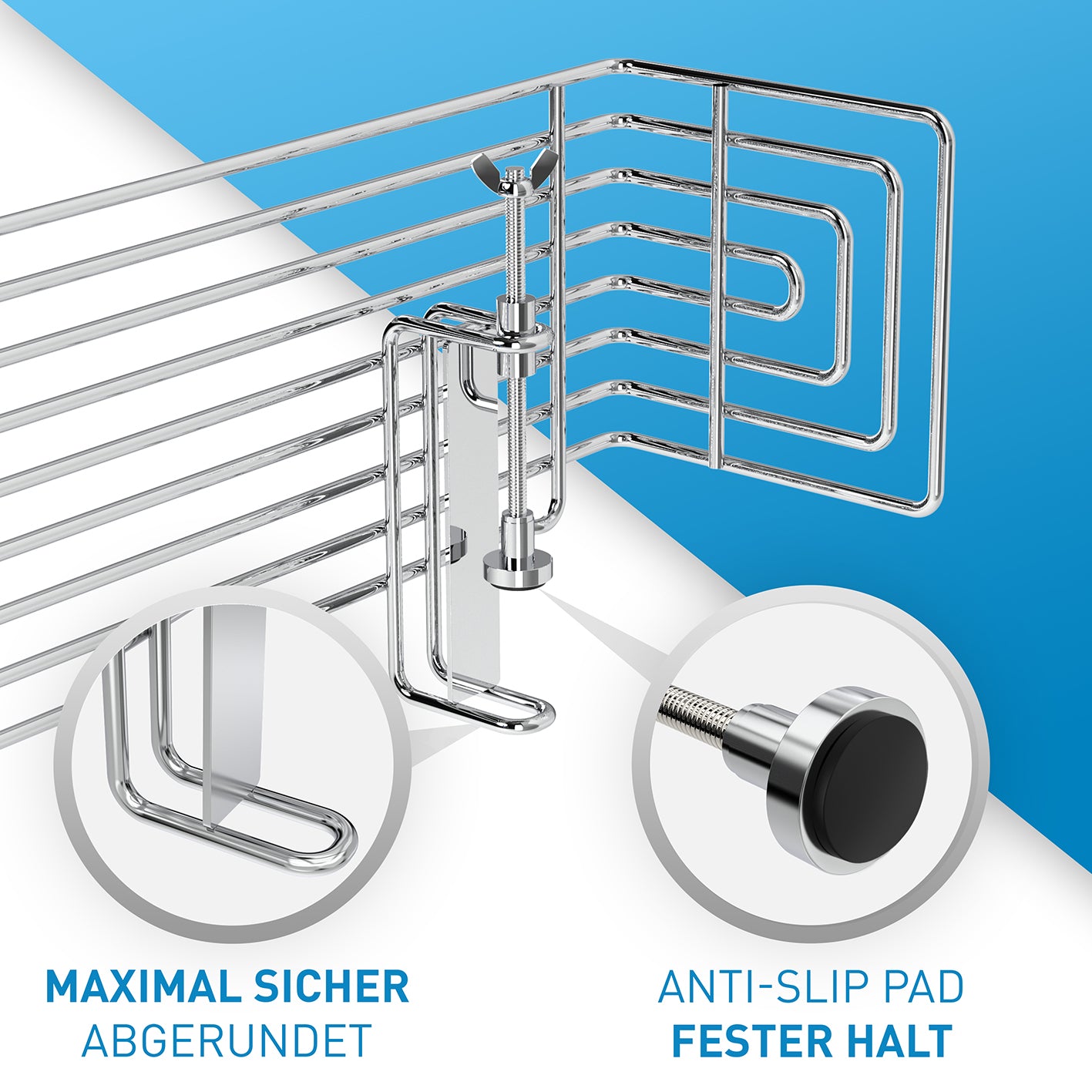 Herdschutzgitter Happy Kid mit abgerundeten Kanten und Antirutsch-Pads für sicheren Halt an Arbeitsplatten von 2–4 cm Dicke.
