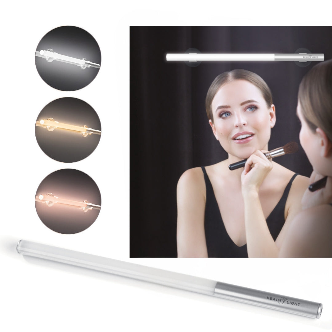 LED-Spiegelleuchte mit Akku zur kabellosen, dimmbaren Tageslicht-Simulation für Make-up am Spiegel mit fünf Lichtfarben.
