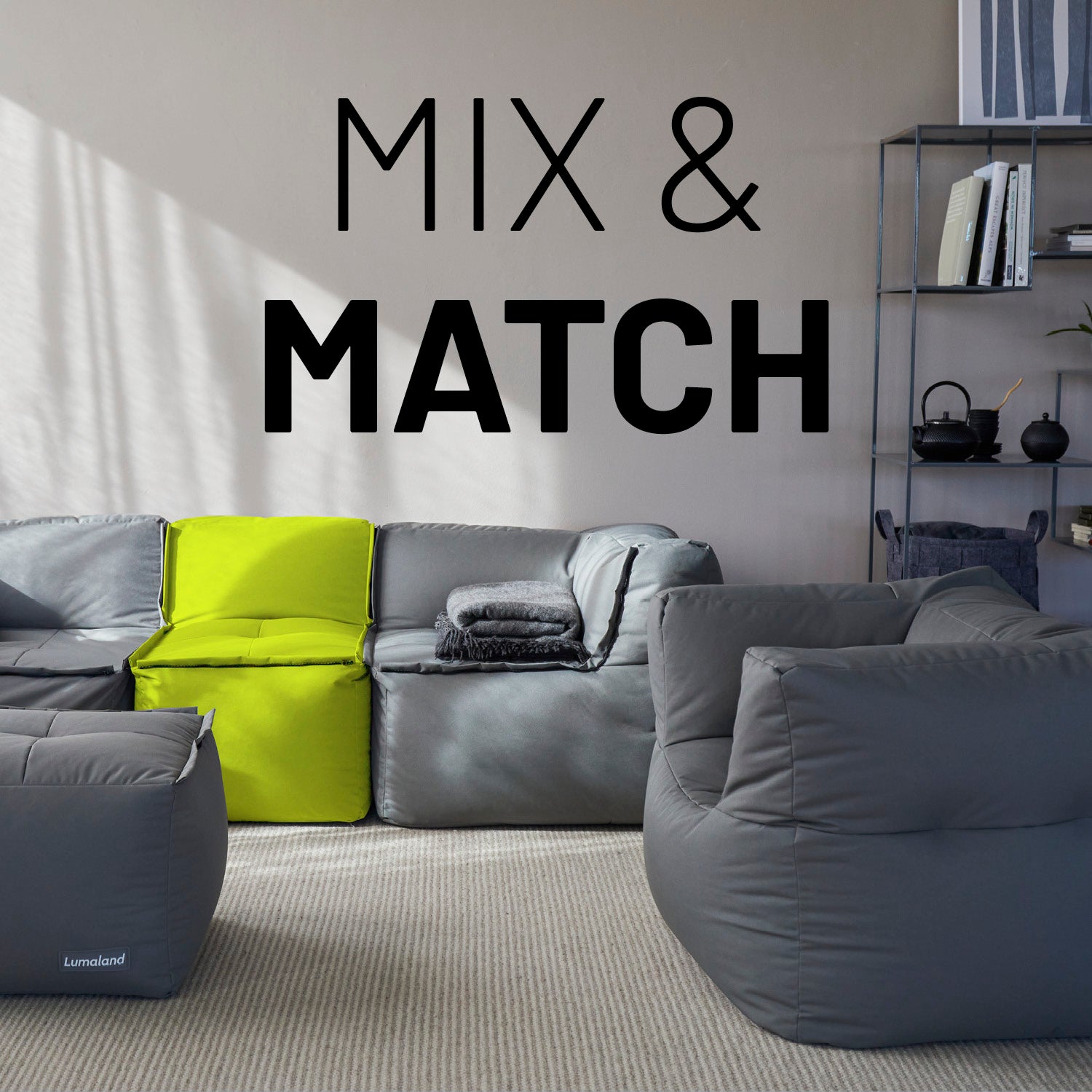 Sitzsack-Sofa Sessel (400 L) modular, indoor & outdoor, apfelgrün, extrastark, mit abwischbarem Bezug und verdecktem Reißverschluss.