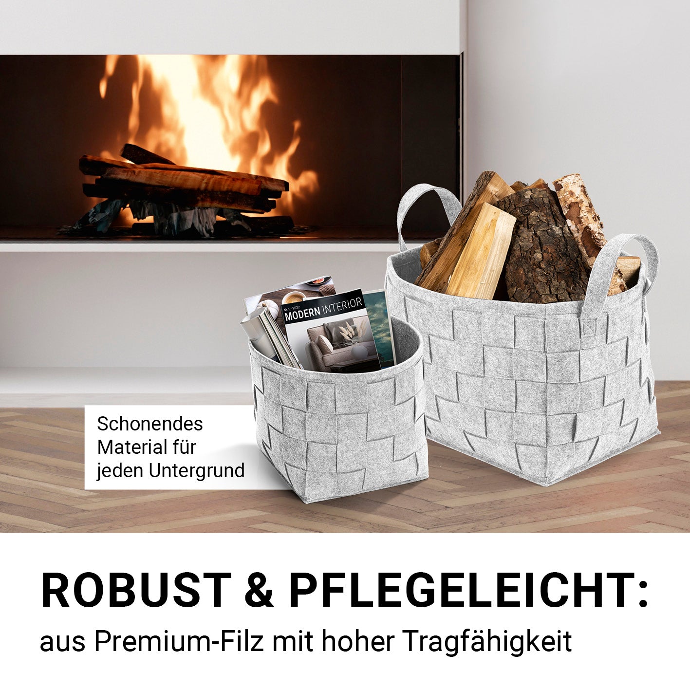 Filz-Aufbewahrungstasche L - 40 x 30 x 30 cm - Hellgrau, faltbar, robust, mit Tragegriffen, ideal für Holz und Haushaltsgegenstände in modernem Scandi-Style.