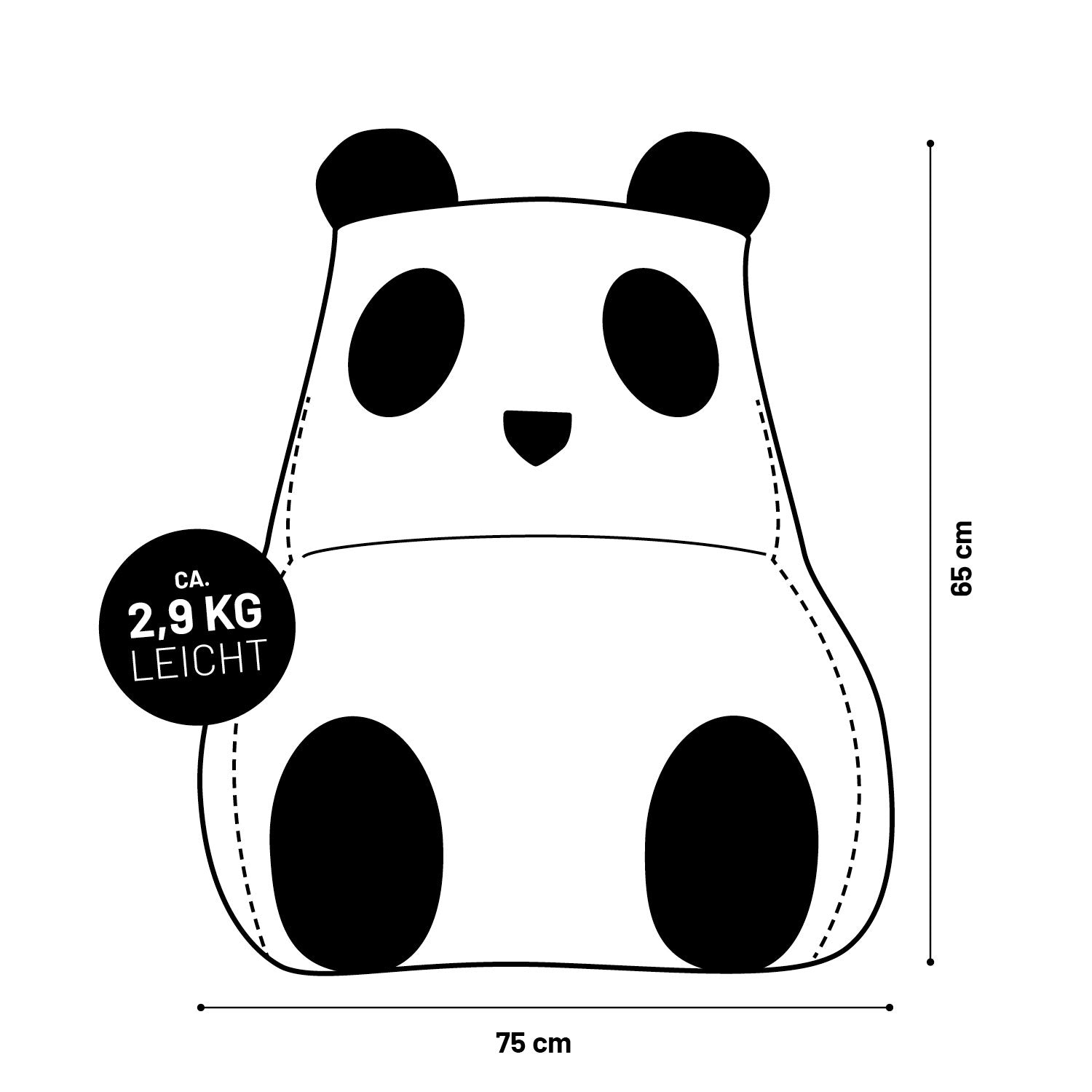 Kindersitzsack Animal Line Panda (180 L) in Schwarz/Weiß, weich, wasserabweisend und für drinnen & draußen geeignet.