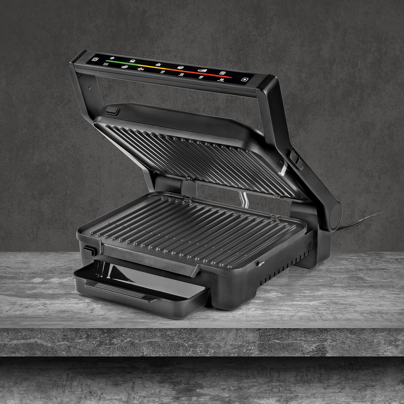 Digital-Kontakt-Grill Midnight Edition mit 2000W, Touch-Display und 6 Grill-Programmen, große abnehmbare Antihaft-Grillplatten.