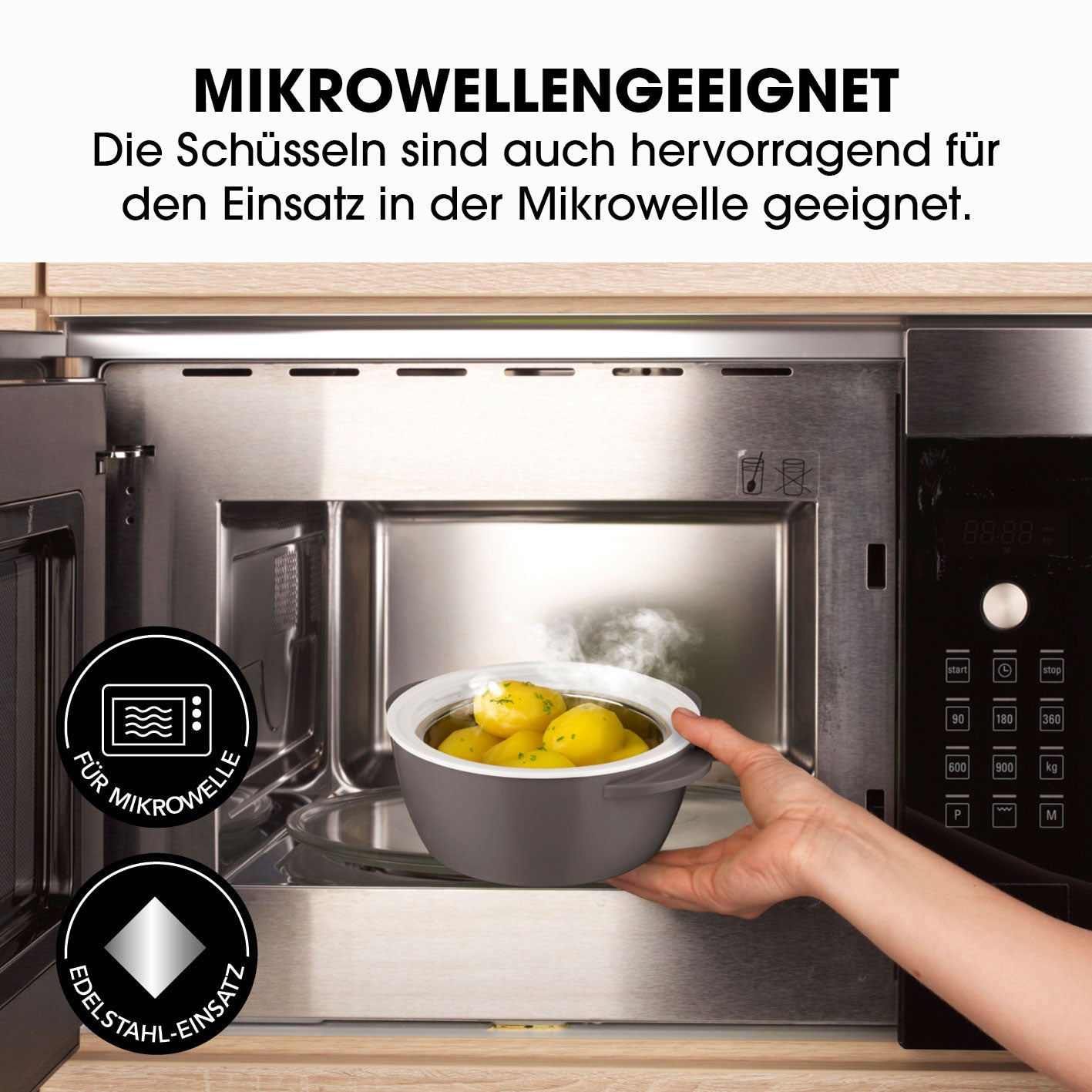 Thermo-Schüssel Mikrowelle 3er-Set in grau/weiß mit Edelstahl-Einsatz, geeignet zum Erhitzen und Warmhalten in der Mikrowelle.
