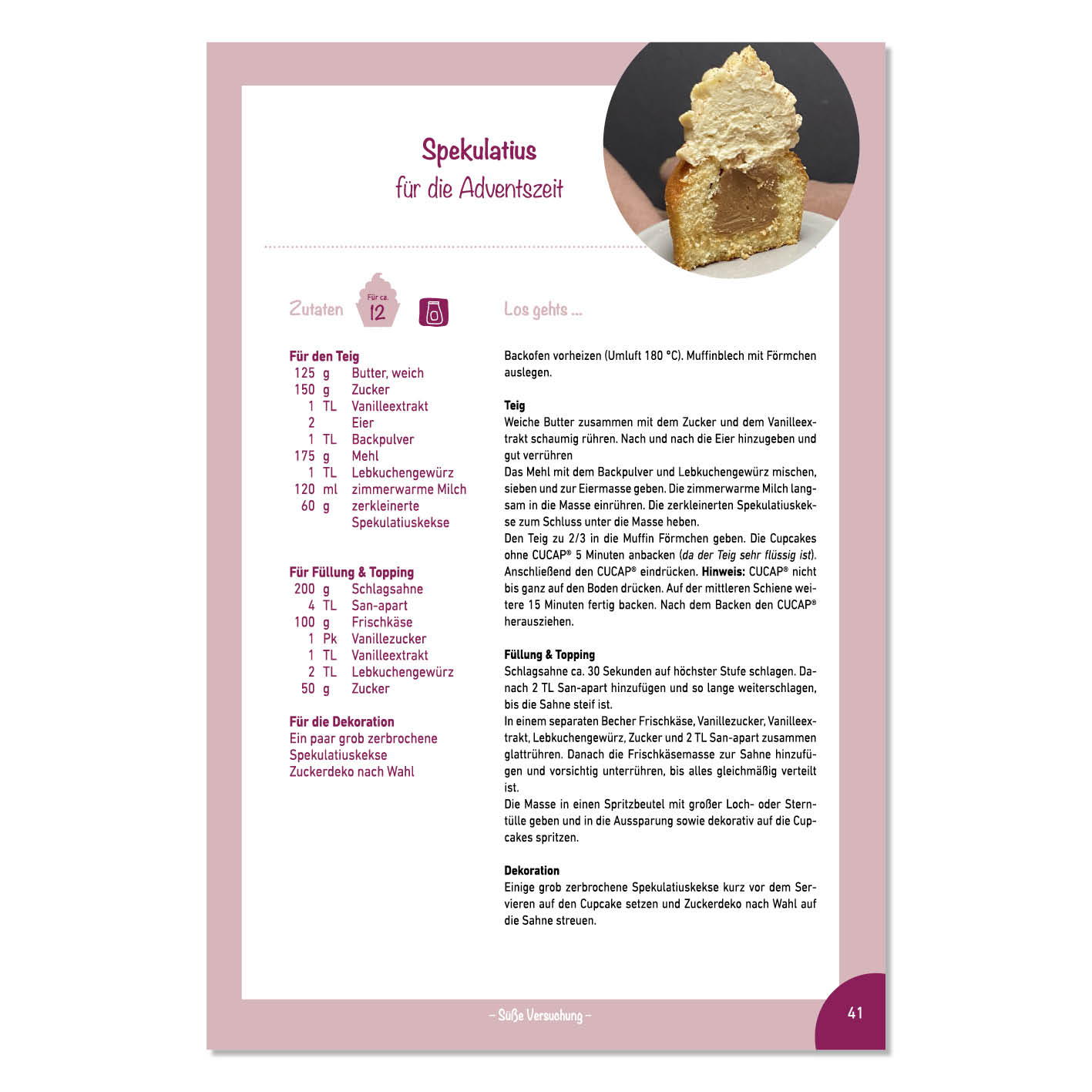 CuCap Backbuch für Cupcakes, Muffins & Mehr zeigt eine Rezeptseite mit Zutaten und Zubereitung für Spekulatius Cupcakes.