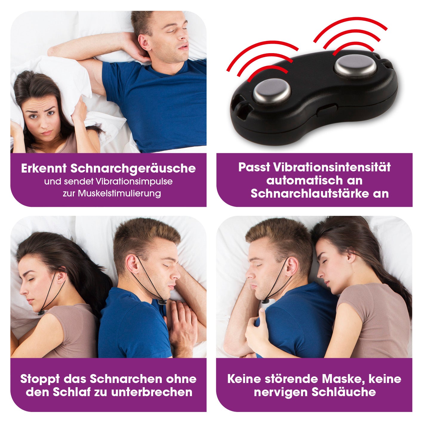 Anti-Schnarch-Gerät - schwarz erkennt Schnarchgeräusche, sendet Vibrationsimpulse und passt Intensität automatisch an. Hoher Tragekomfort.