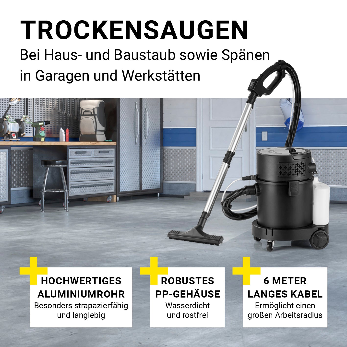 Sprüh- und Waschsauger Power Clean mit robustem PP-Gehäuse, Aluminiumrohr und 6 Meter Kabel für flexible Trockenreinigung bei Haus- und Baustaub.