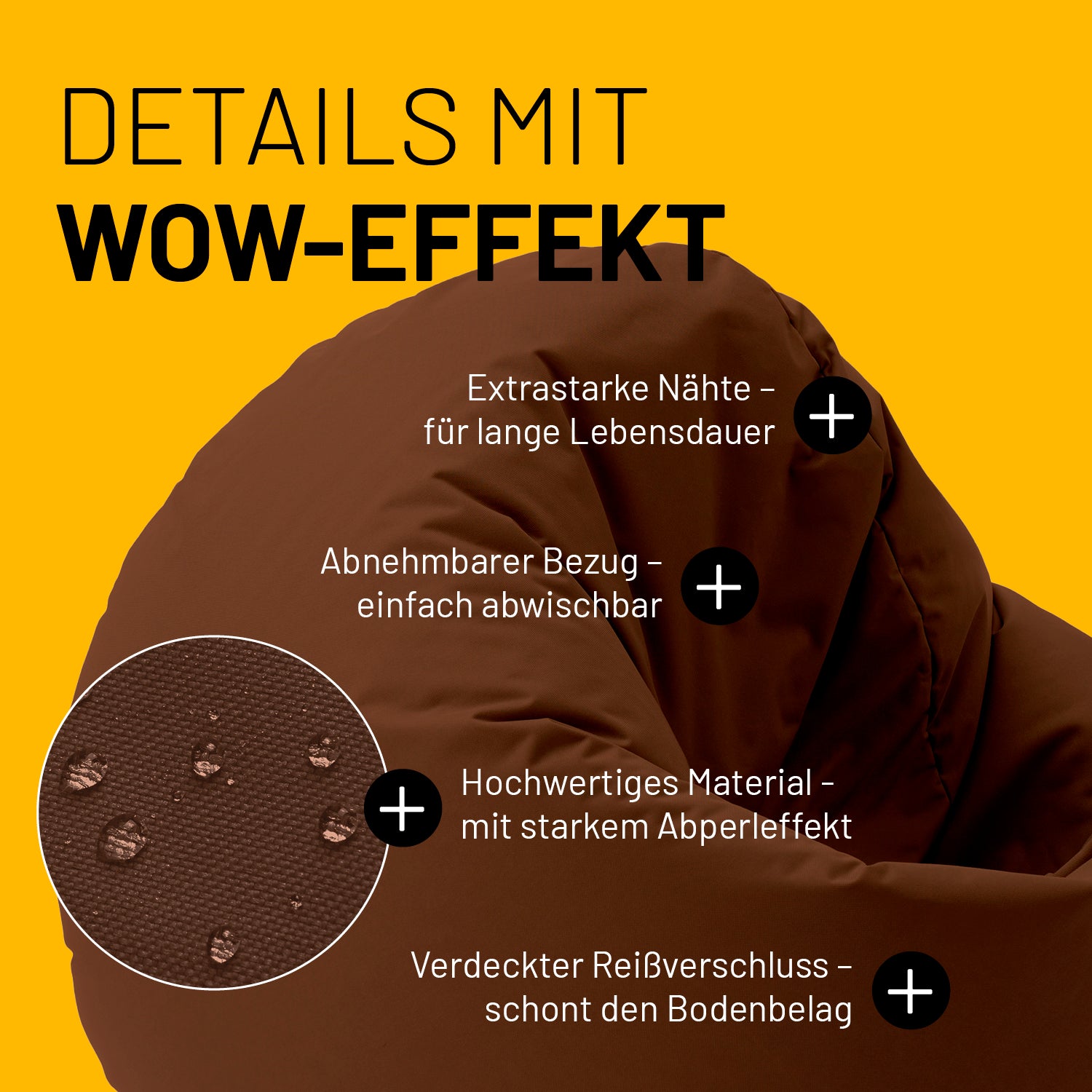 Sitzsack Drops (300 L) Braun mit extrastarken Nähten, abnehmbarem Bezug, Abperleffekt und verdecktem Reißverschluss für drinnen & draußen.