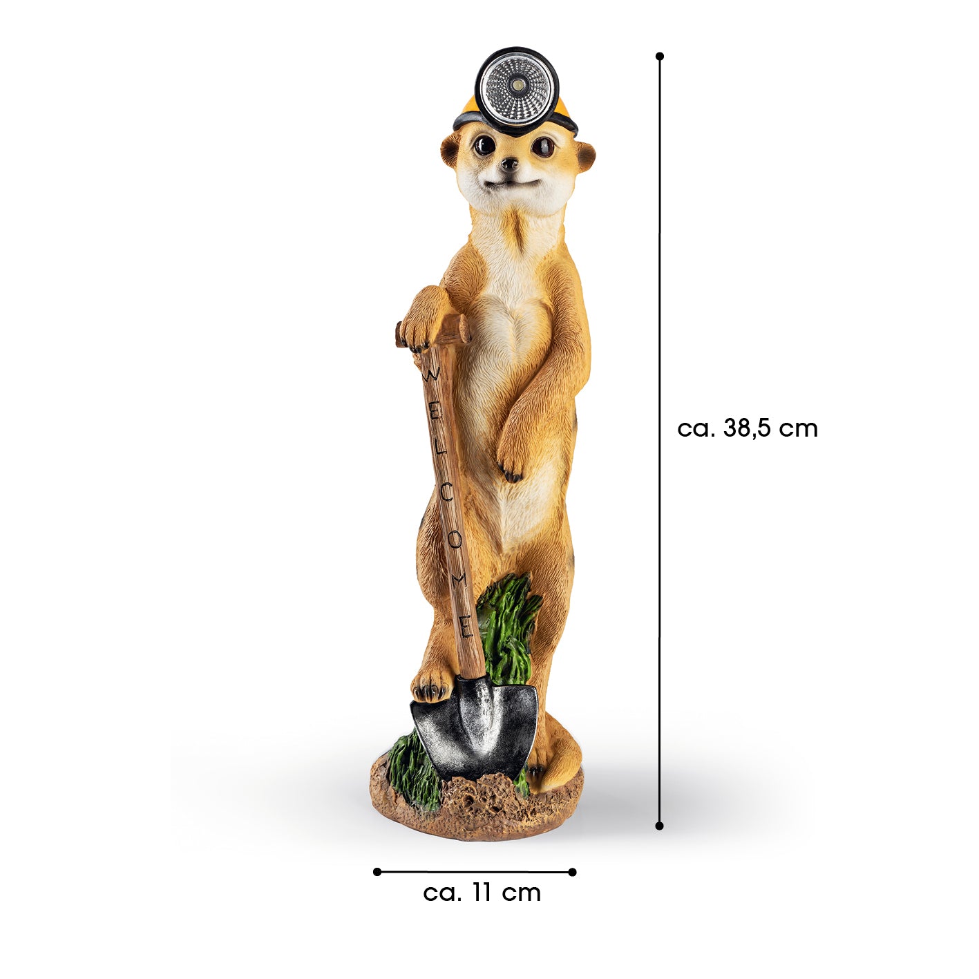 Solarleuchte Erdmännchen als Bergarbeiter, detailgetreu bemalt mit Solar-LED-Kopflampe, Schaufel mit Willkommensgruß, 38,5 cm hoch.
