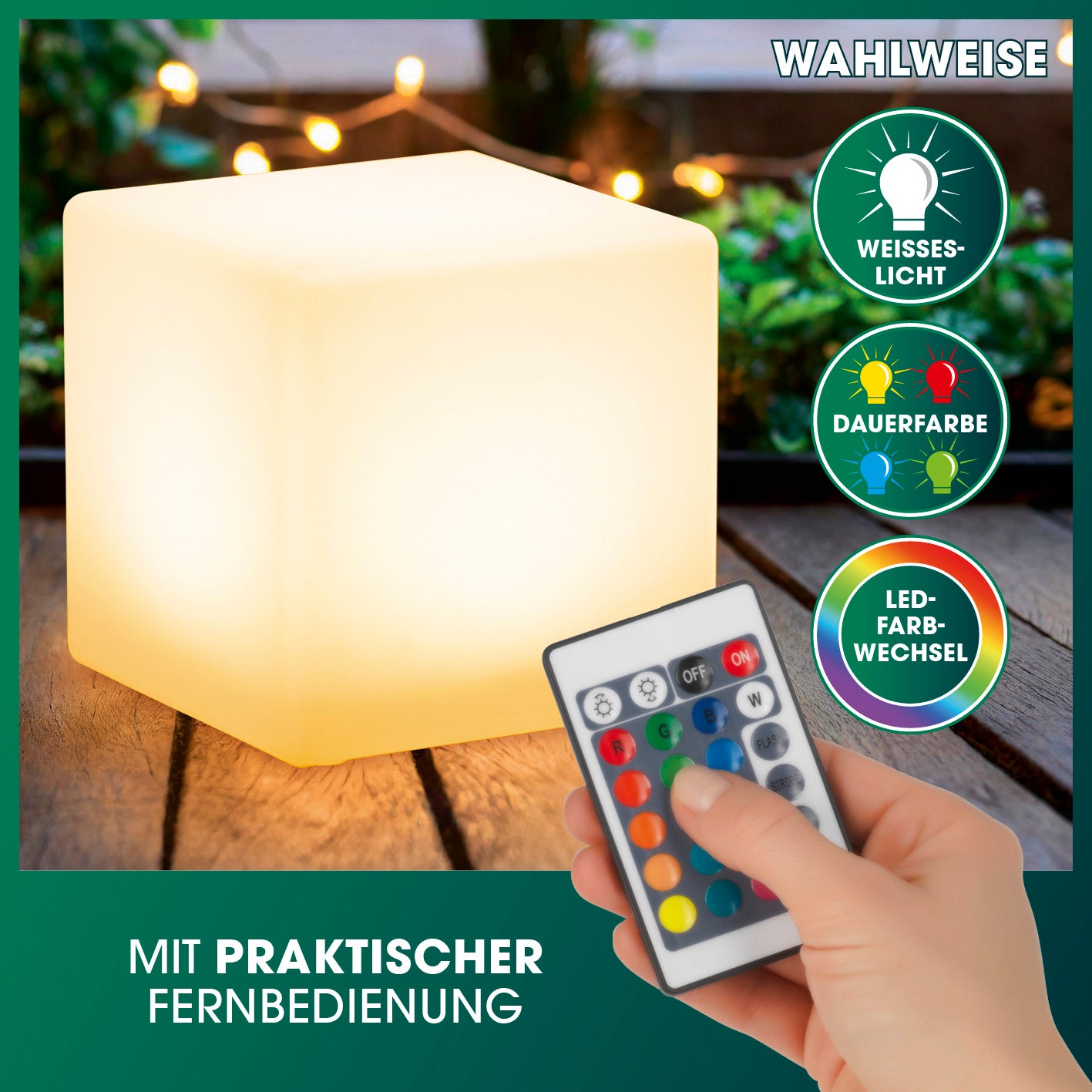Solar-Leuchte Dekowürfel mit Fernbedienung, warmweißem Licht, Farbwechsel, wetterfest und integriertem Solarpanel für Garten und Terrasse.