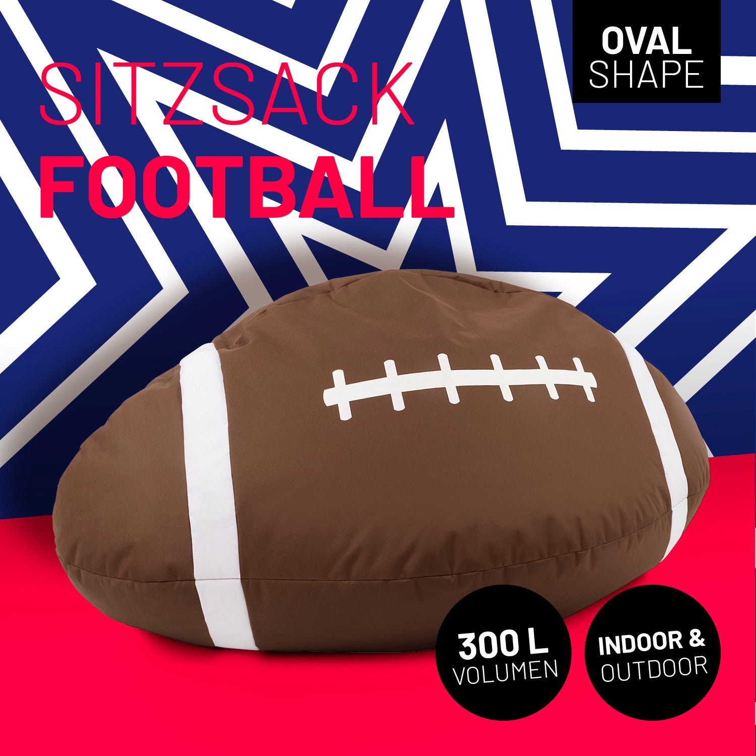 Football-Sitzsack (300 L) – ovaler Sitzsack, indoor & outdoor, langlebig, leicht, mit hochwertiger EPS-Füllung und verdecktem Reißverschluss.