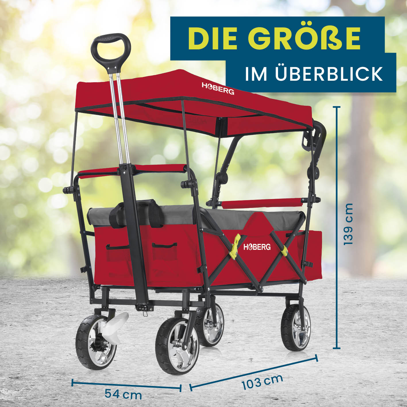 Faltbarer Bollerwagen - Rot mit stabilem Gestell, wasserfestem Dach, 360°-Rädern und praktischem Griff, Maße 139x54x103 cm.