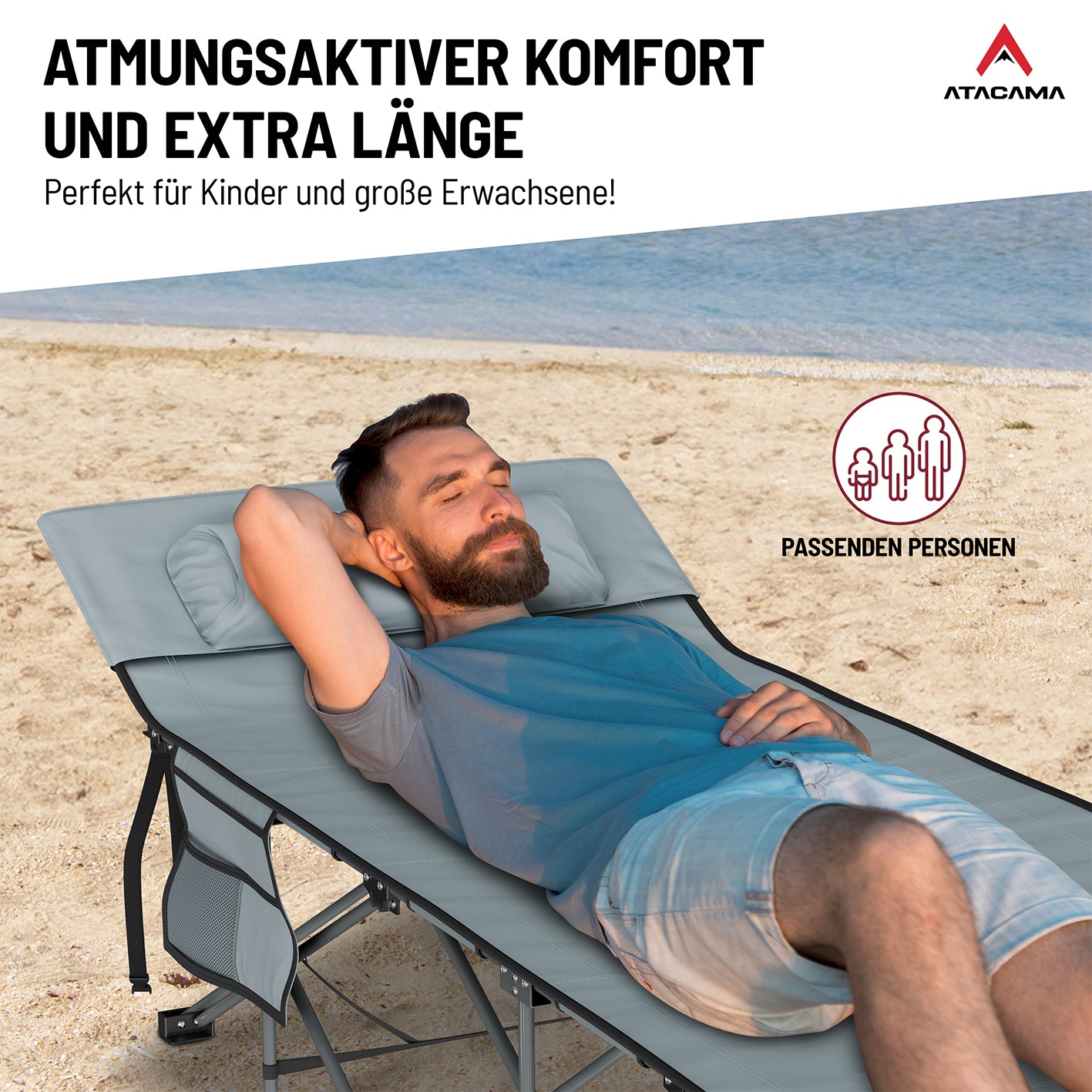 Campingbett mit Matratze - 190 x 68 x 38 cm mit atmungsaktivem Stoff, klappbar, komfortabel für Kinder und Erwachsene am Strand.