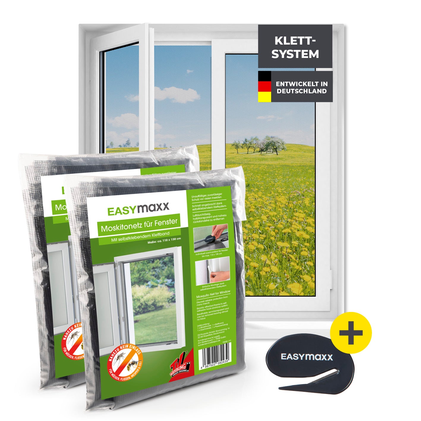 Moskitonetz für Fenster mit selbstklebendem Klettband - 2er-Set - 110 x 130 cm - Schwarz, einfach zu montieren ohne Bohren.