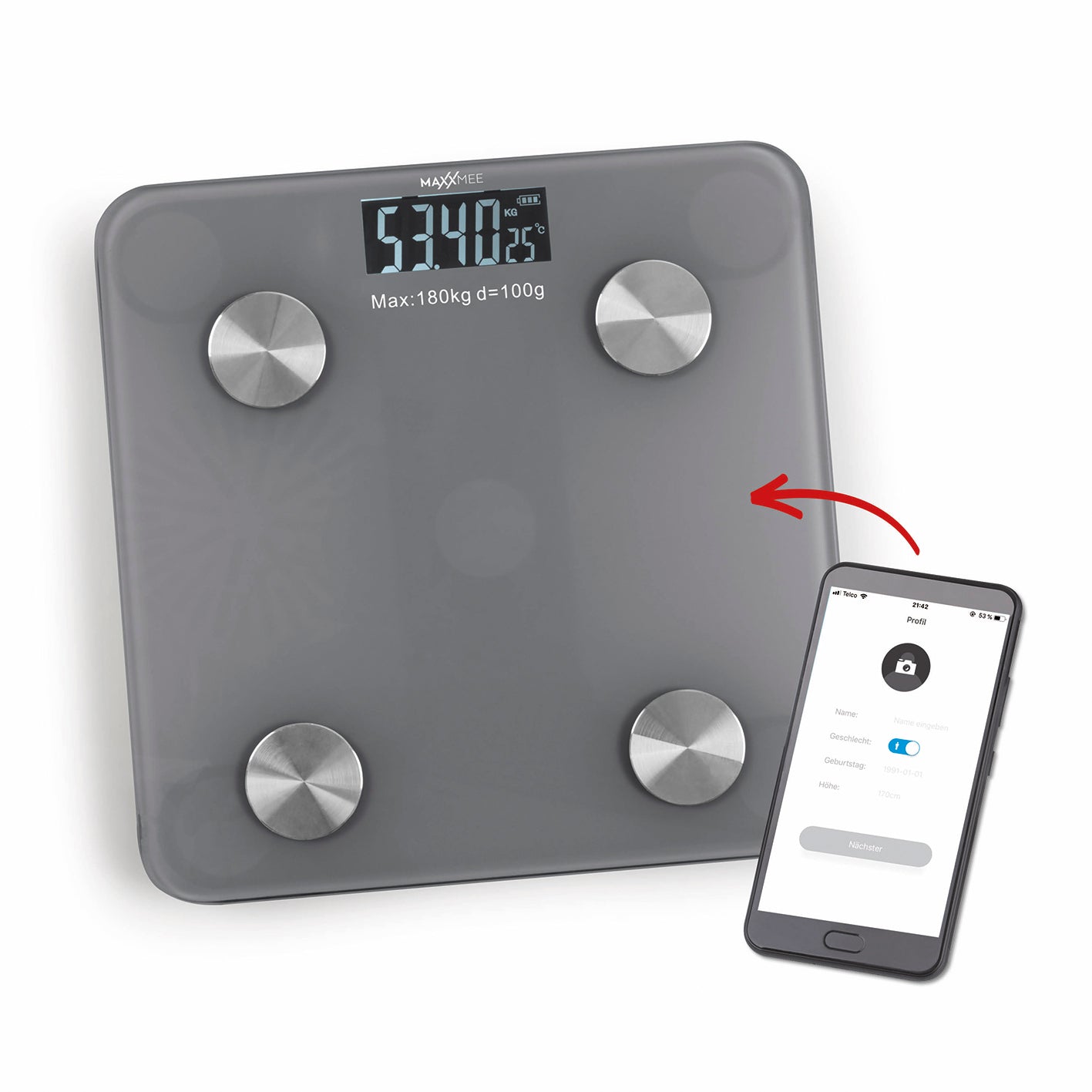 Personen-Waage Körperanalyse mit Bluetooth & App grau, digitale Körperanalyse-Waage mit App zur Gewichtskontrolle und Gesundheitsdaten.