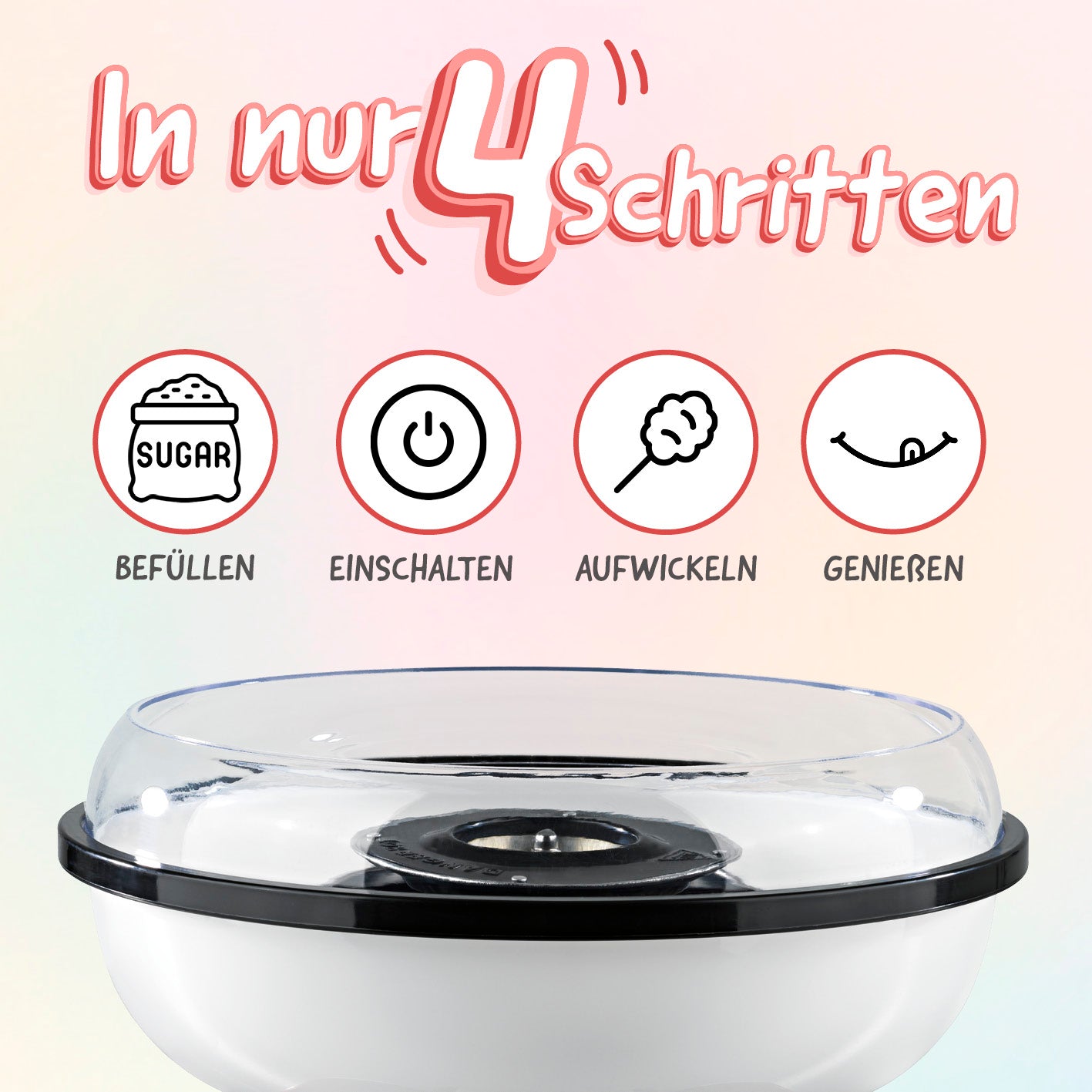 Zuckerwatte-Maschine - rot/weiß mit transparentem Spritzschutz und einfacher Bedienung in nur 4 Schritten für Zuckerwattegenuss.