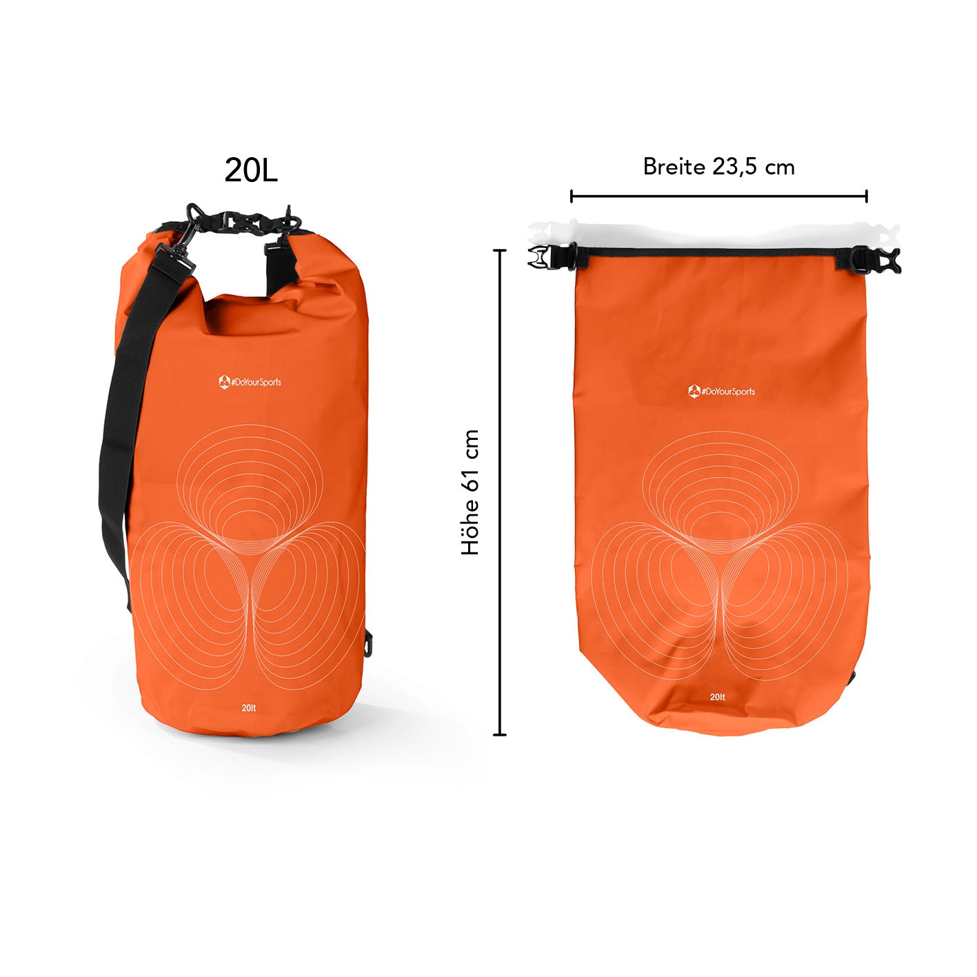 Dry Bag 20L - Orange robuster, wasserdichter Outdoor-Rucksack mit Rolltop-Verschluss und verstellbarem Schultergurt.