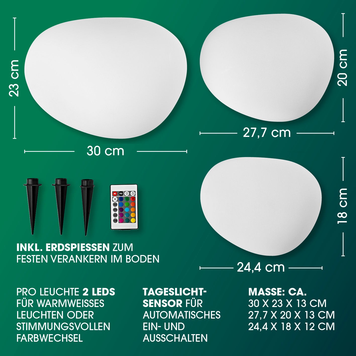 Solar-Leuchten Set Stein flach - 3er-Set mit 4 LEDs, Farbwechsel, Solarpanel, Fernbedienung und Erdspießen, wetterfest IP67.