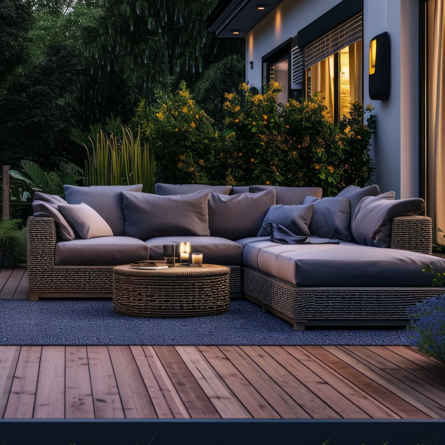 Moderne Lounge-Ecke auf Holzterrasse mit grauem Rattansofa, Kerzen auf Tisch und stimmungsvoller Abendbeleuchtung.