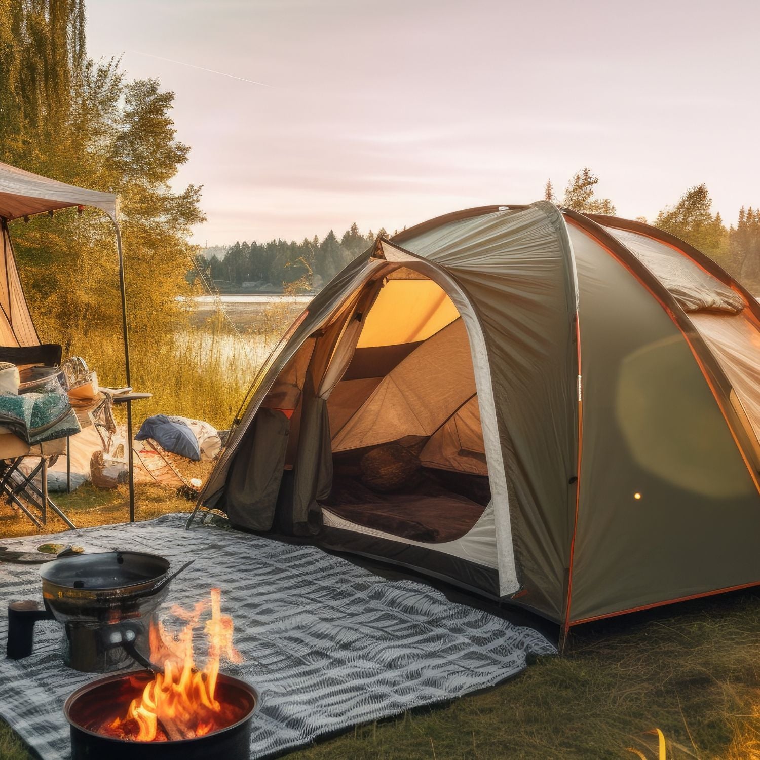 Campingplatz am See mit Zelt, Picknickdecke und Lagerfeuer bei Sonnenuntergang – gemütliche Outdoor-Atmosphäre.