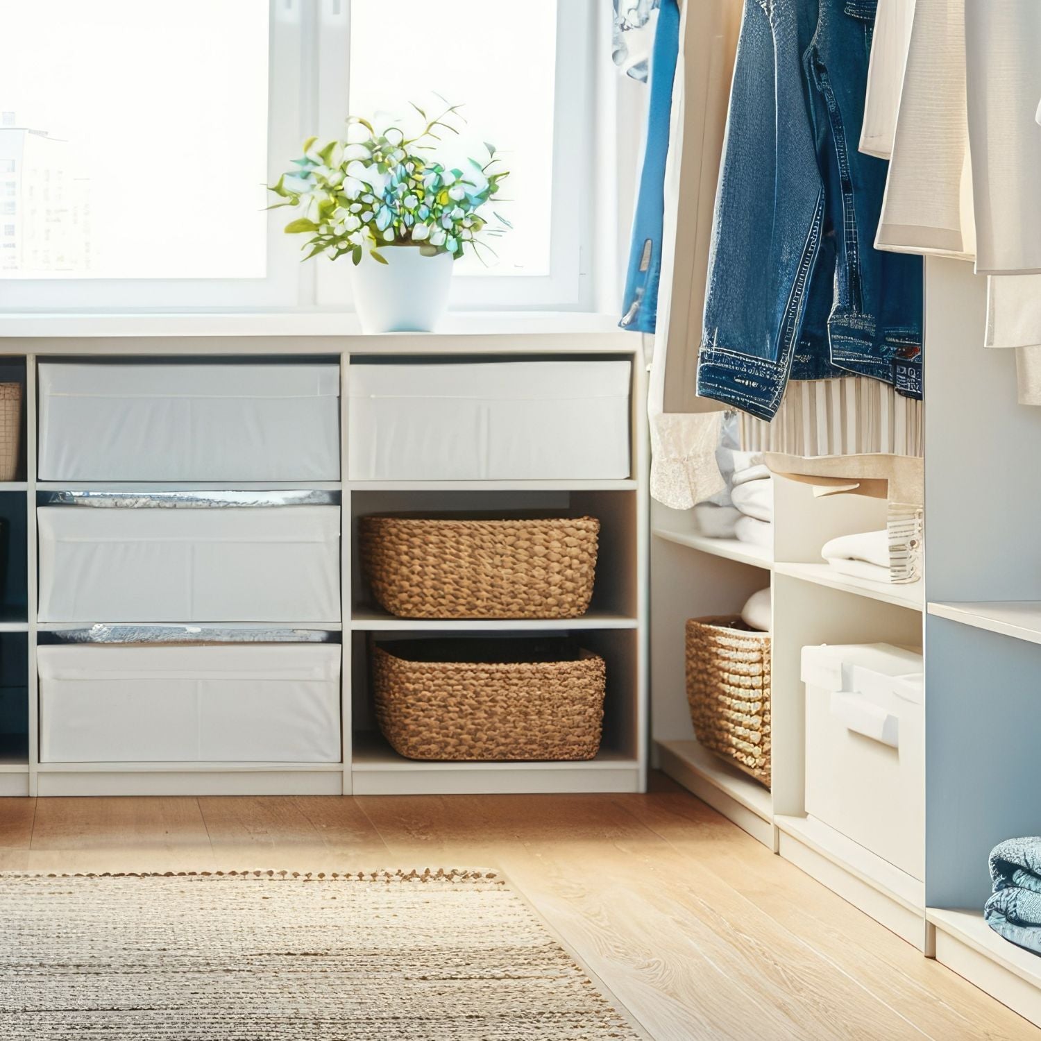 Moderner, heller Ankleideraum mit Körben, Stoffboxen und hängender Kleidung für organisierte und stilvolle Aufbewahrung.