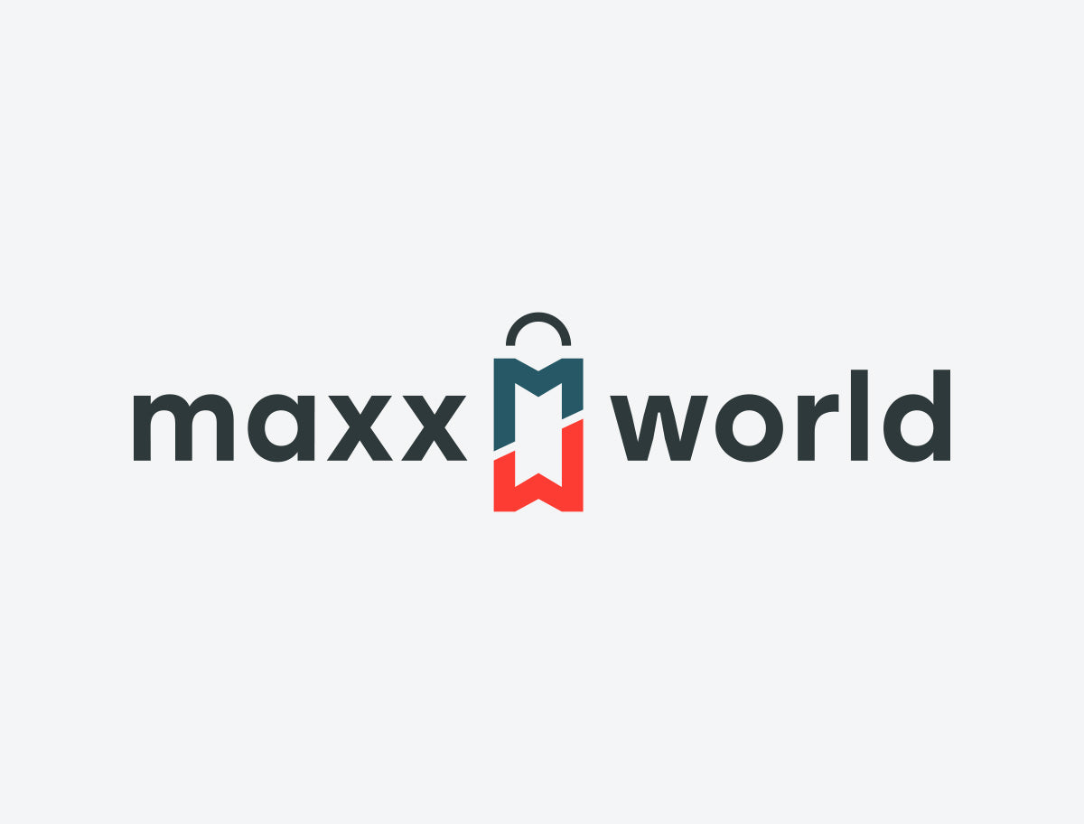 Logo von maxxworld mit stilisiertem Einkaufsbeutel in Form eines „M“ zwischen den Worten „maxx“ und „world“ auf hellem Hintergrund.