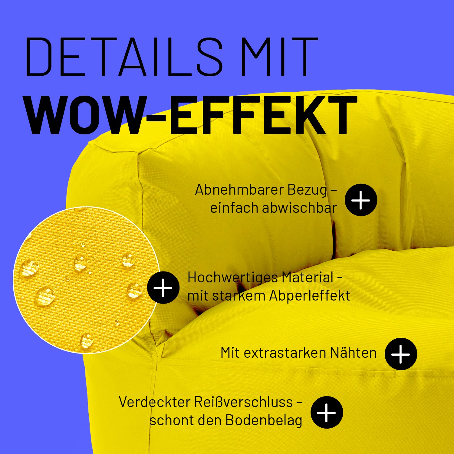 Sitzsack Lounge (320 L) Gelb mit abnehmbarem Bezug, wasserabweisendem Material, extrastarken Nähten und verdecktem Reißverschluss für drinnen & draußen.