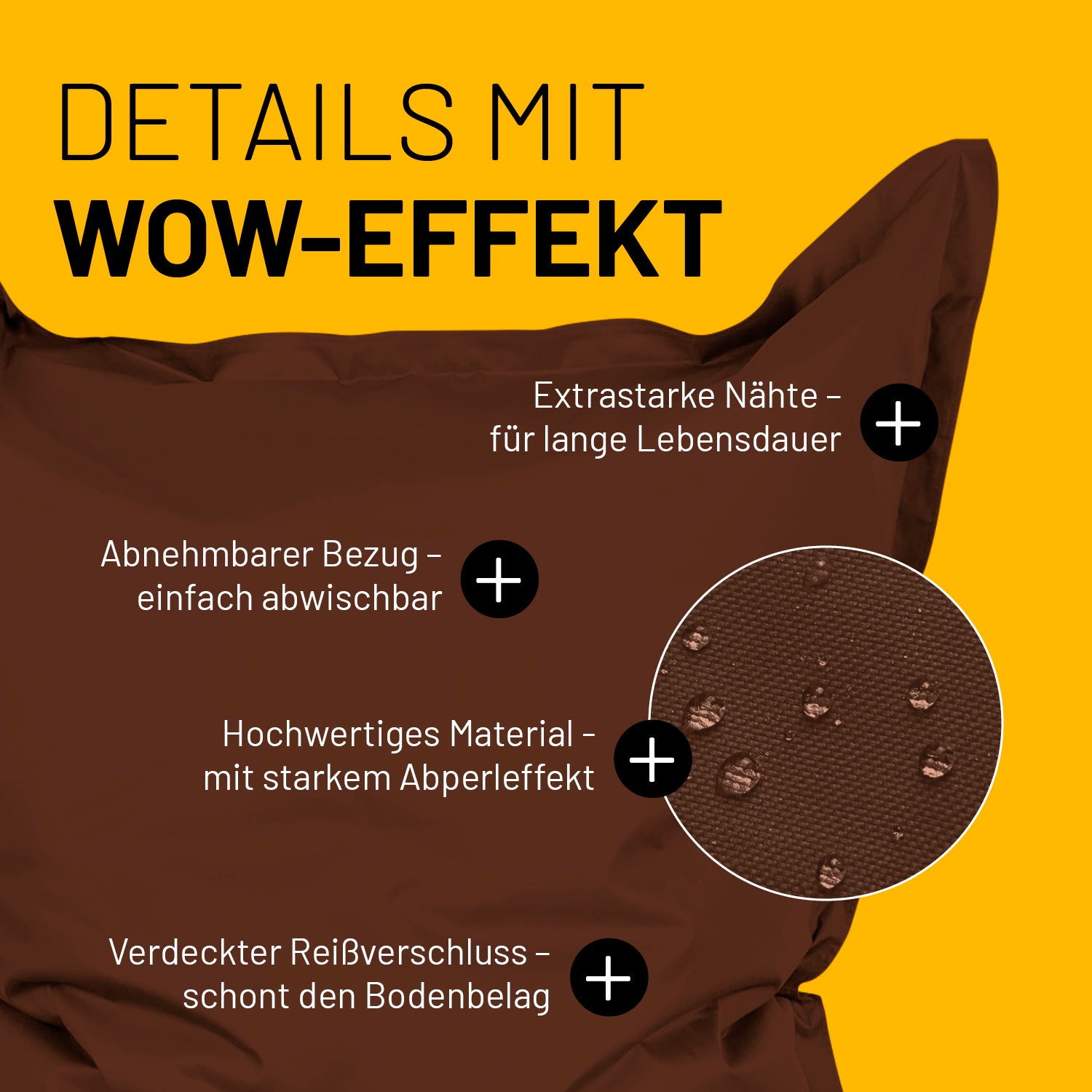 Sitzsack Classic XXL (380 L) Braun mit extrastarken Nähten, abnehmbarem Bezug, Abperleffekt und verdecktem Reißverschluss.