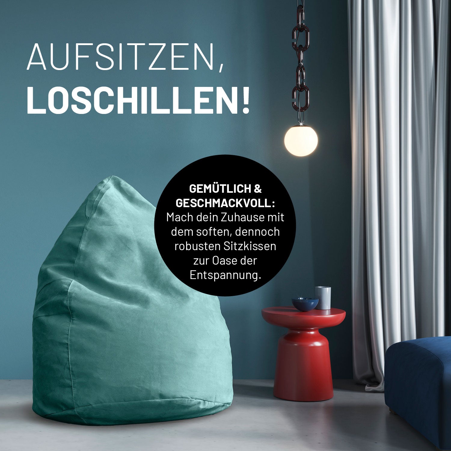 Luxury XL Sitzsack (120 L) - Türkis, stylischer, robuster Indoor-Sitzsack für Entspannung und modernes Wohnen.