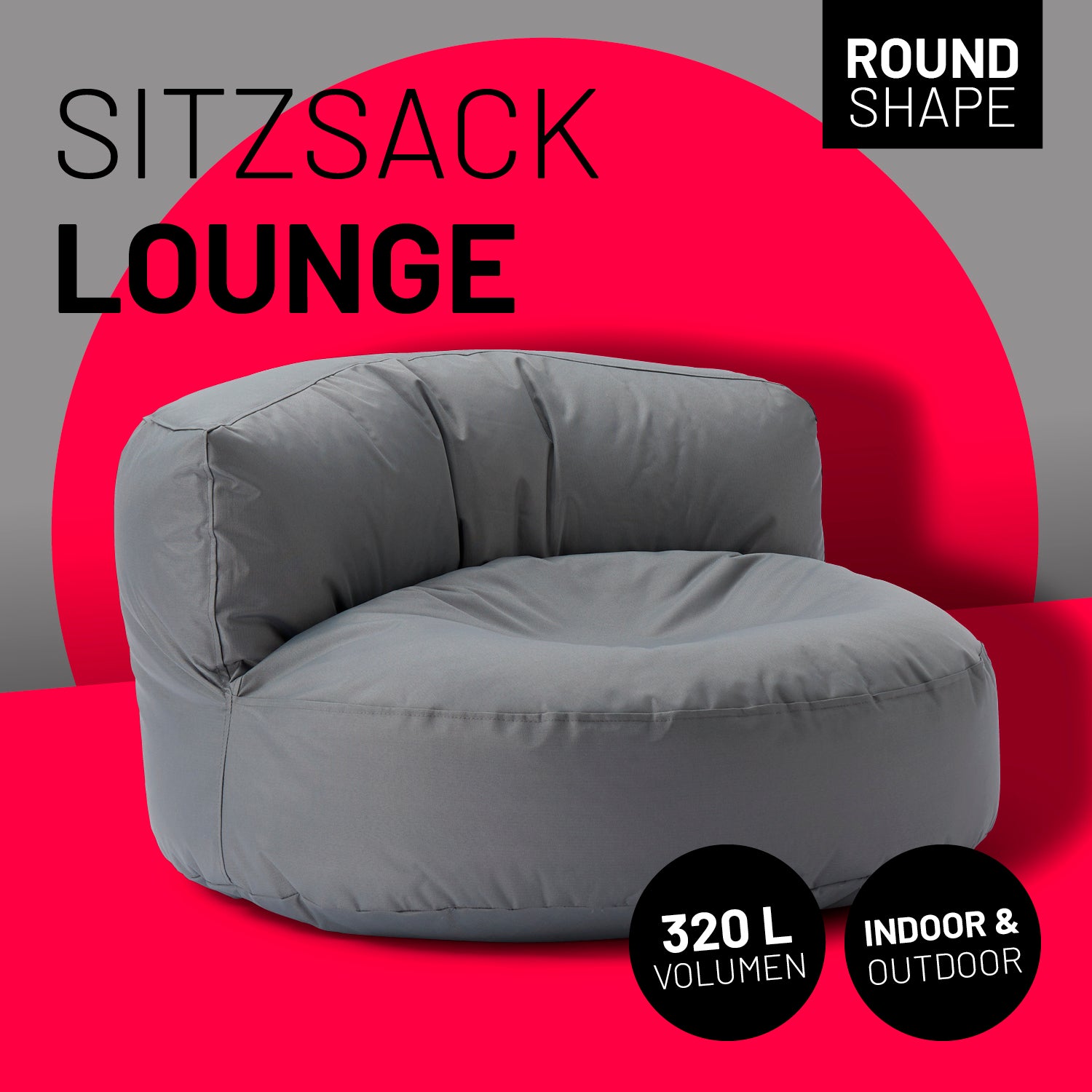 Sitzsack Lounge (320 L) in Grau, modern und bequem für drinnen und draußen, leicht, langlebig mit hochwertiger Füllung.