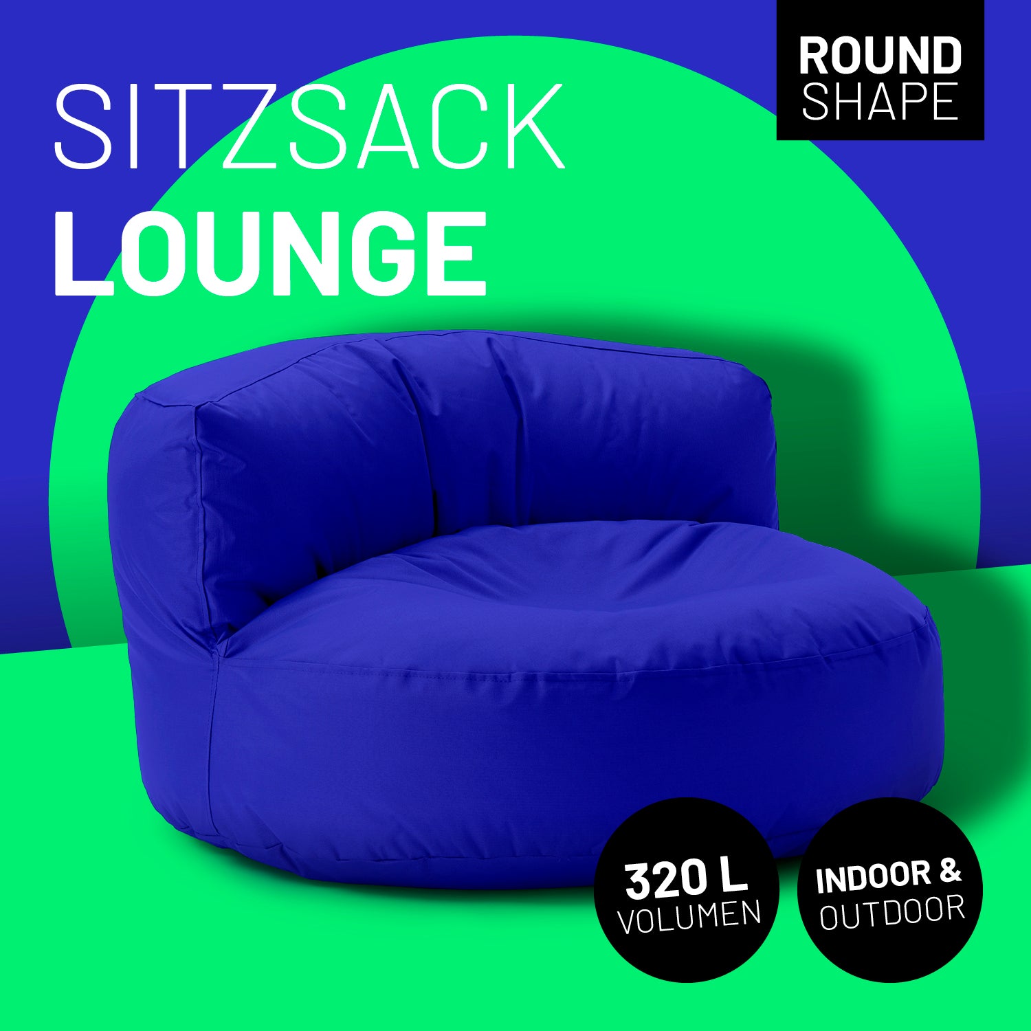Sitzsack Lounge (320 L) in Royalblau, indoor & outdoor, mit robustem Material und verstecktem Reißverschluss für stilvolles Chillen.