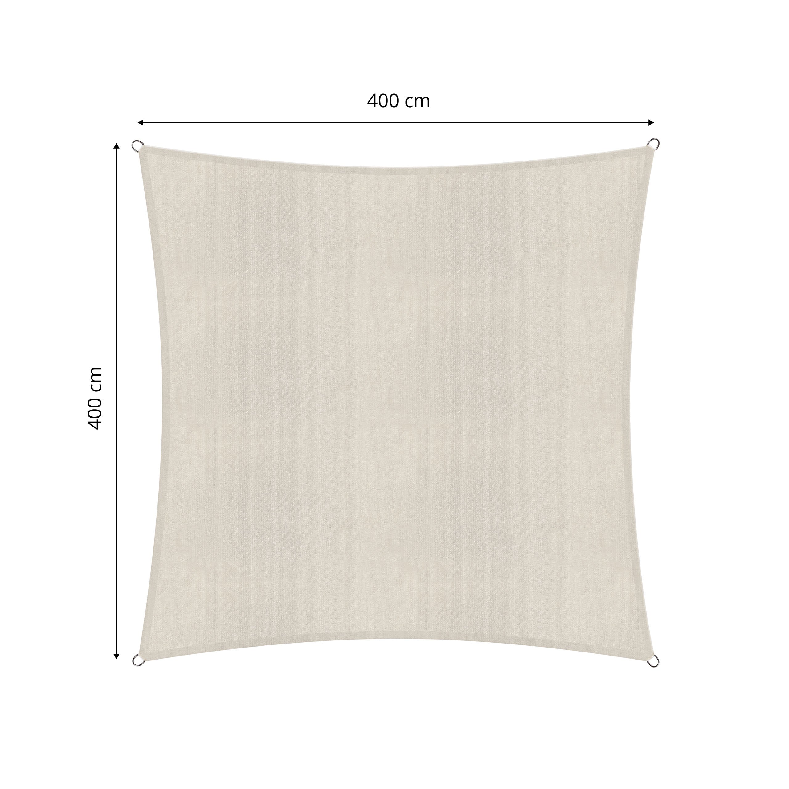Sonnensegel 100% HDPE mit Stabilisator für UV-Schutz Quadrat 4 x 4 Meter Creme mit Maßen und Befestigungsringen sichtbar