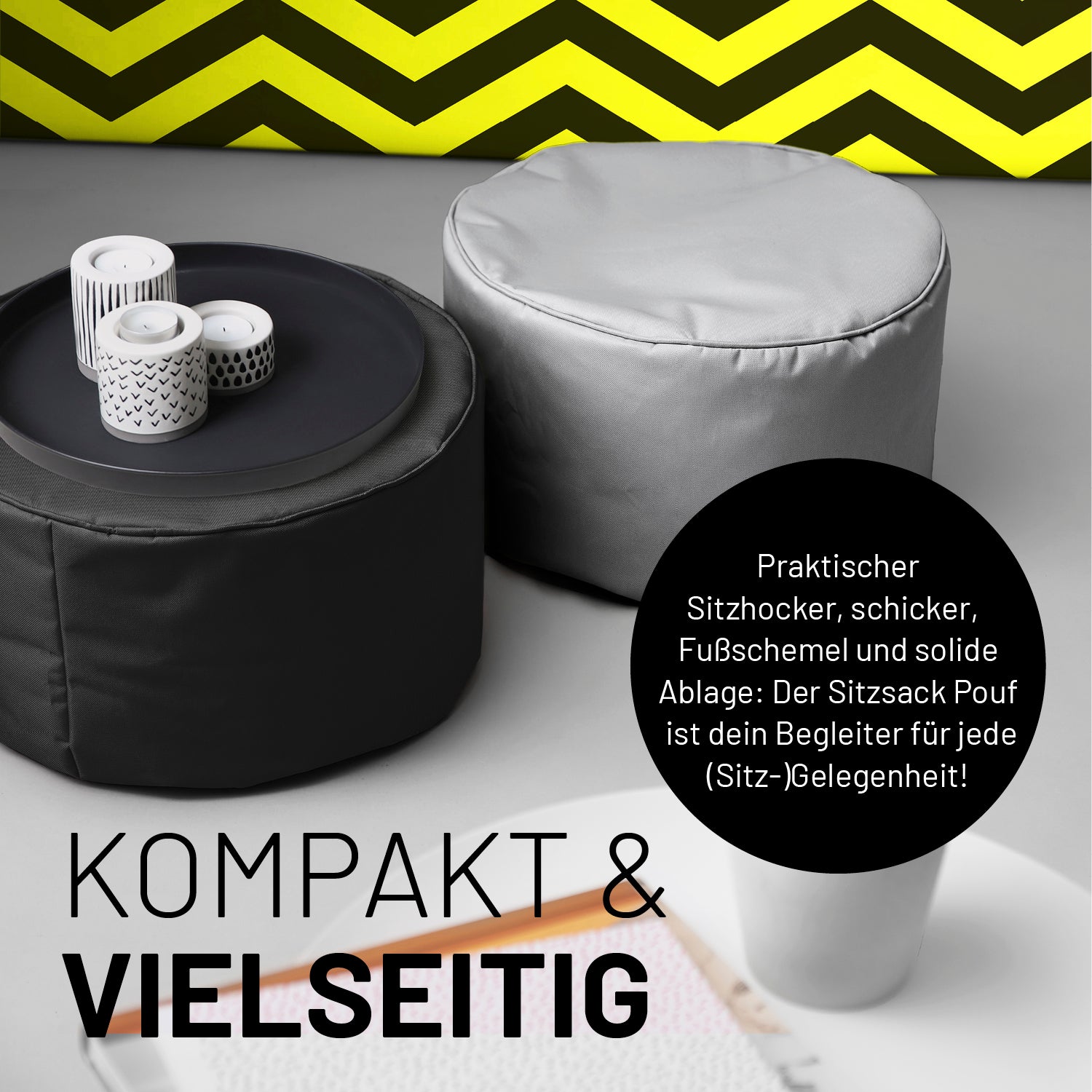 Sitzsack-Hocker/Pouf (50 L) Schwarz als praktischer Sitzhocker, Ablage und Fußschemel für indoor & outdoor, leicht und langlebig.