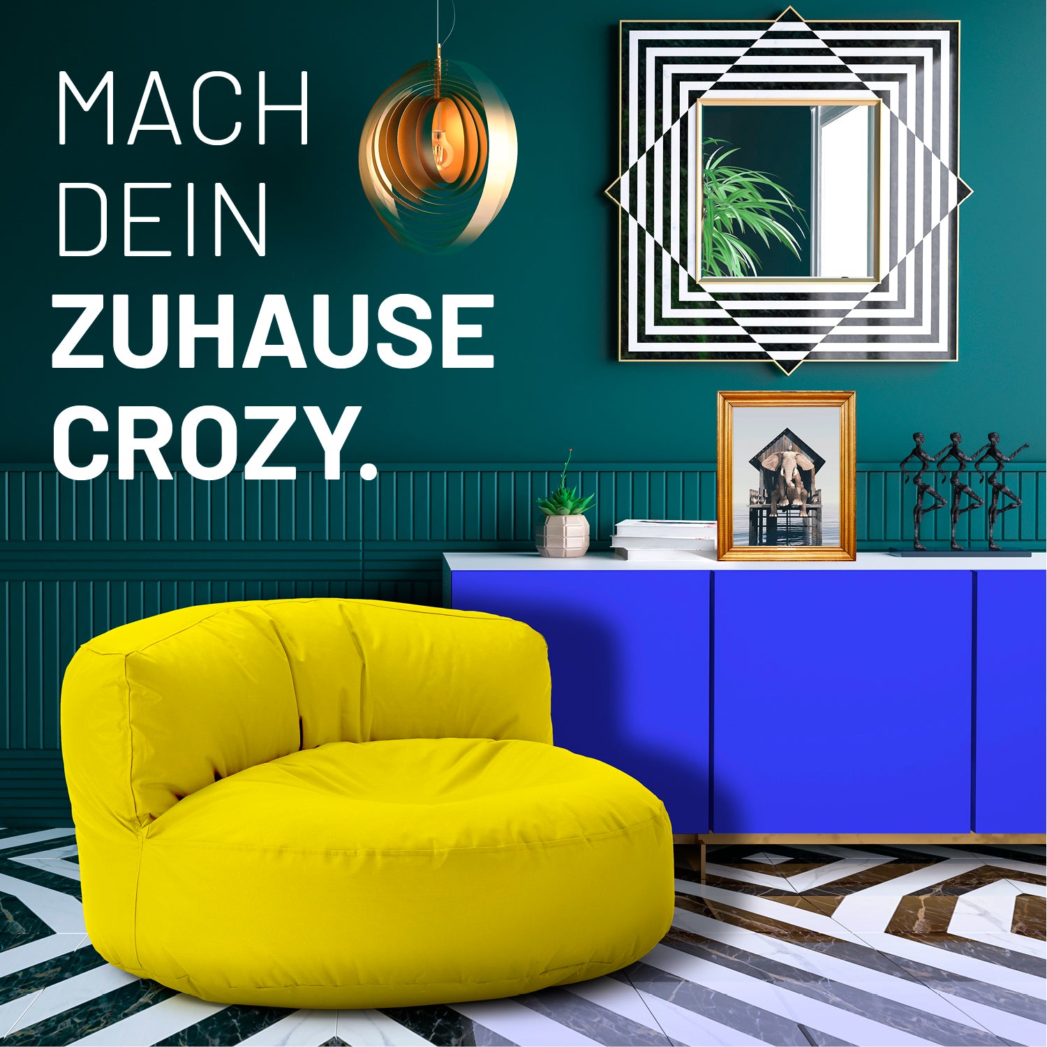 Sitzsack Lounge (320 L) Gelb – moderner, leichter Sitzsack für drinnen & draußen mit pflegeleichtem Material und verdecktem Reißverschluss.