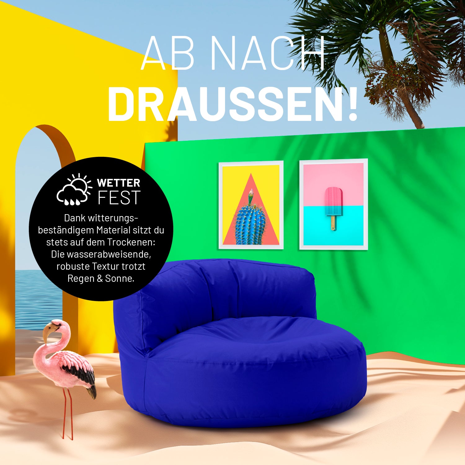 Sitzsack Lounge (320 L) in Royalblau, wetterfest, angenehm, ideal für drinnen und draußen, mit robusten Nähten und komfortabler EPS-Füllung.