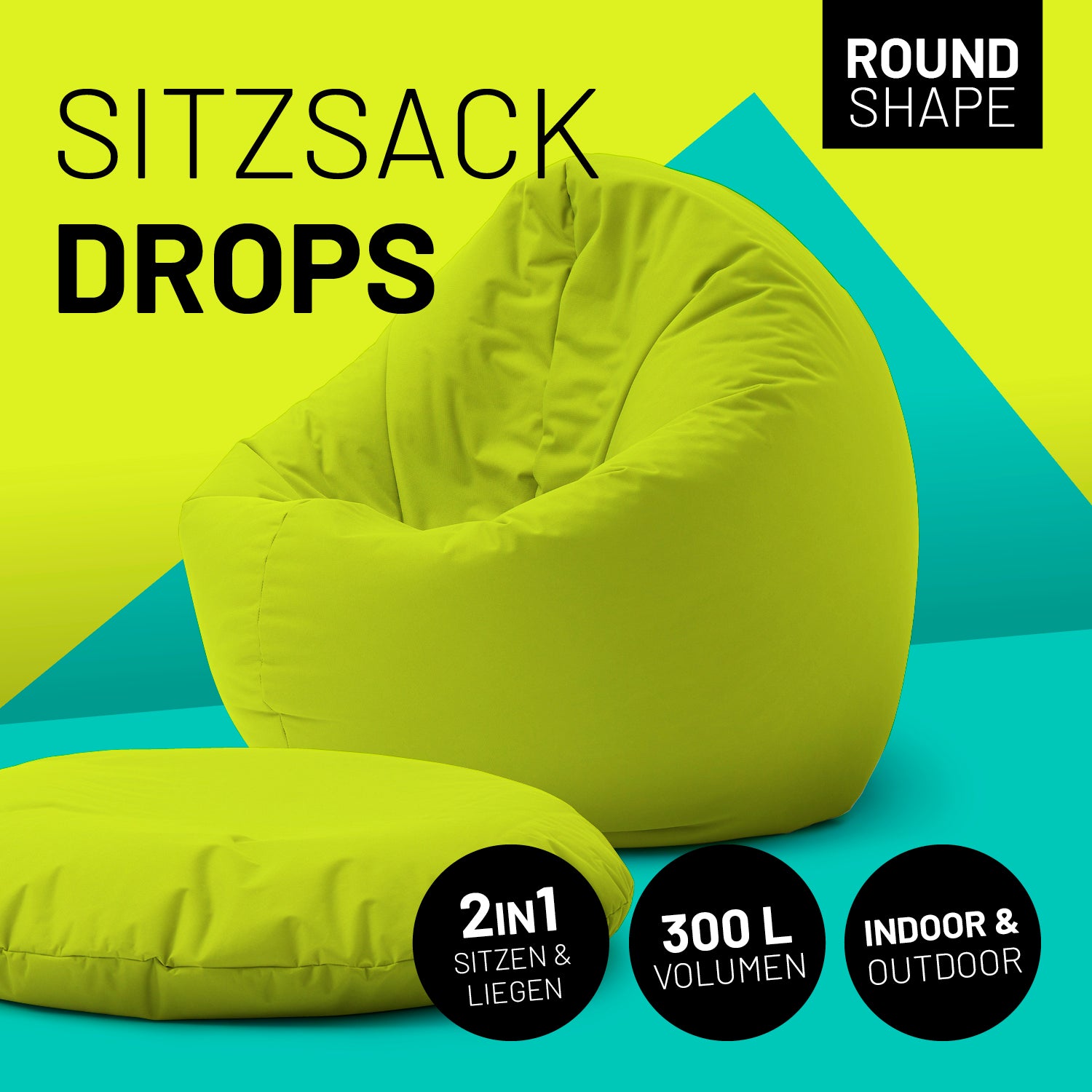 Sitzsack Drops (300 L) Apfelgrün, 2in1 Sitz- und Liegekomfort, indoor & outdoor, langlebig, leicht, pflegeleicht, mit verdecktem Reißverschluss.