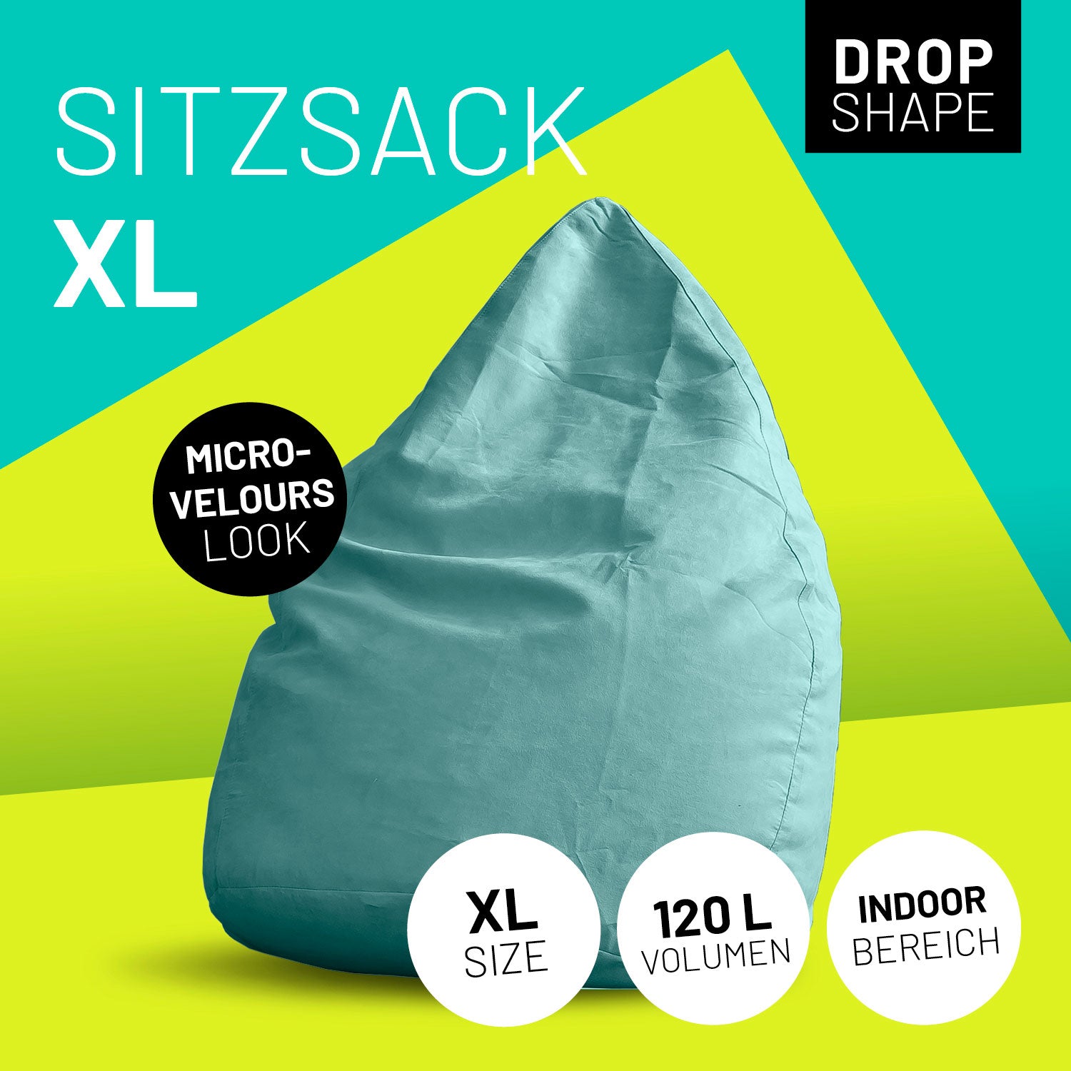 Luxury XL Sitzsack (120 L) - indoor - Türkis, stylischer Sitzsack in Drop-Shape mit Micro-Velours Look, 120 Liter Füllung, ideal für Wohnräume.