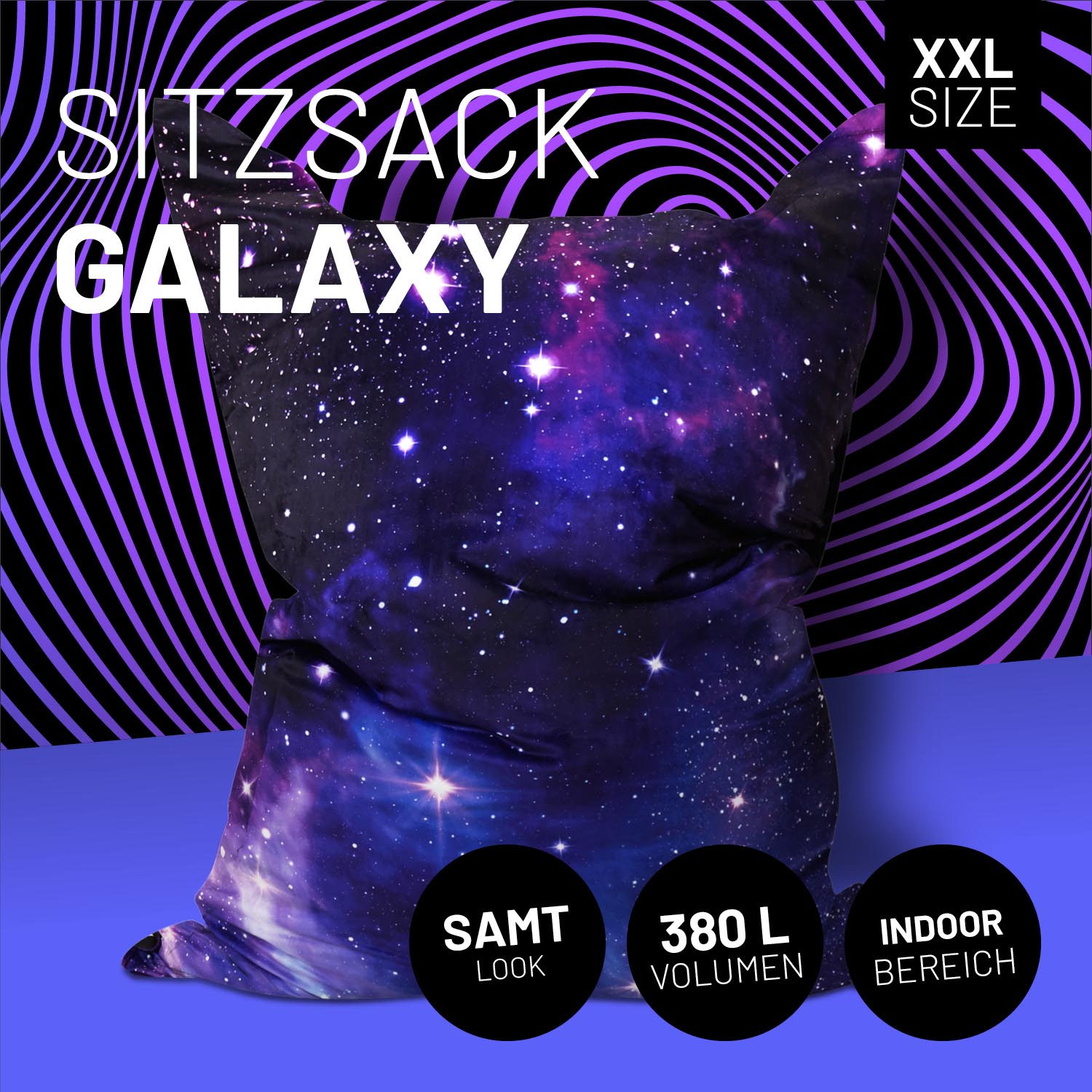 Sitzsack Classic XXL (380 L) mit Galaxy Design, indoor/outdoor, samtig, 380 L Volumen, robuste Nähte, pflegeleicht, verdeckter Reißverschluss.