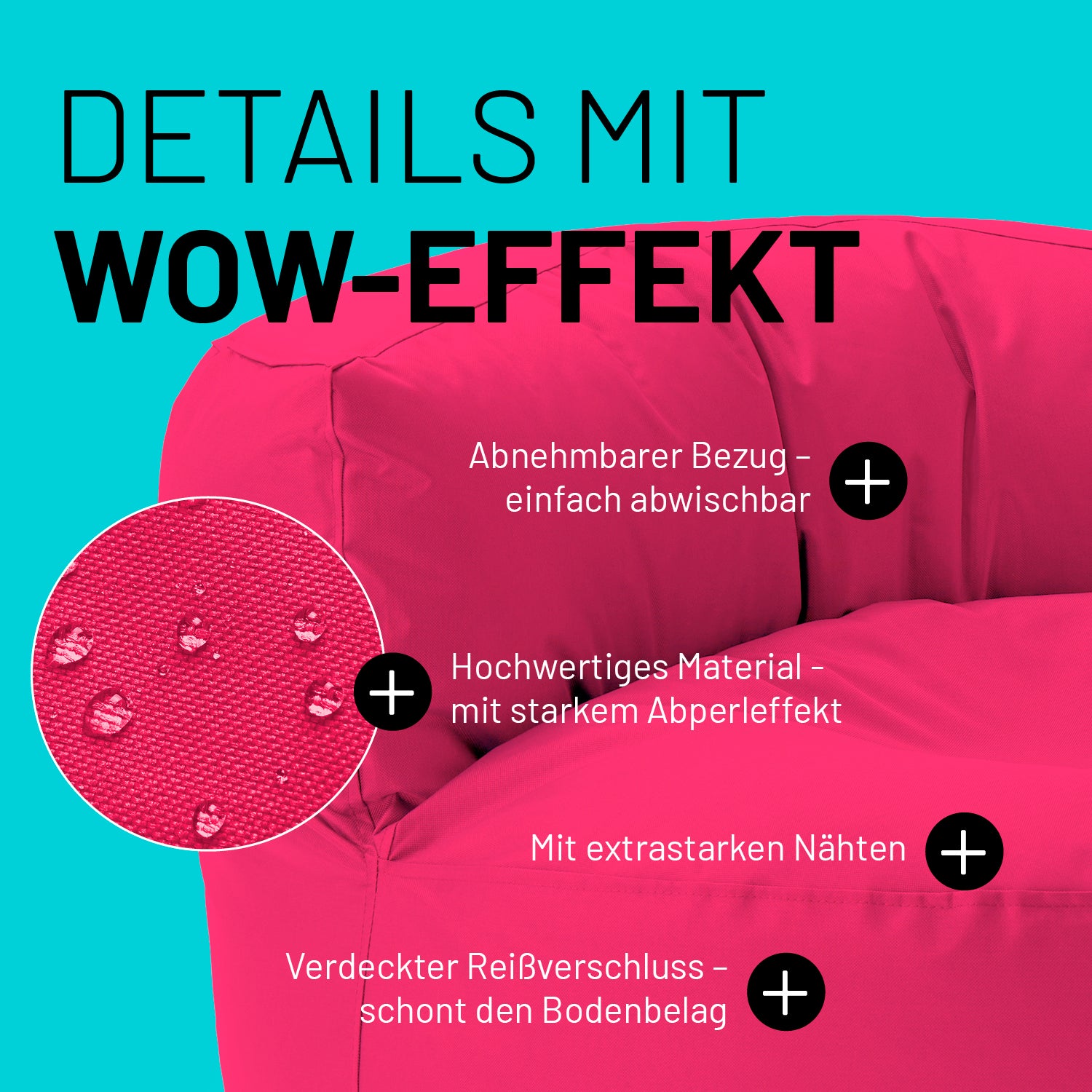 Sitzsack Lounge (320 L) in Pink mit abnehmbarem Bezug, abperleffektiv, extrastarken Nähten und verdecktem Reißverschluss.
