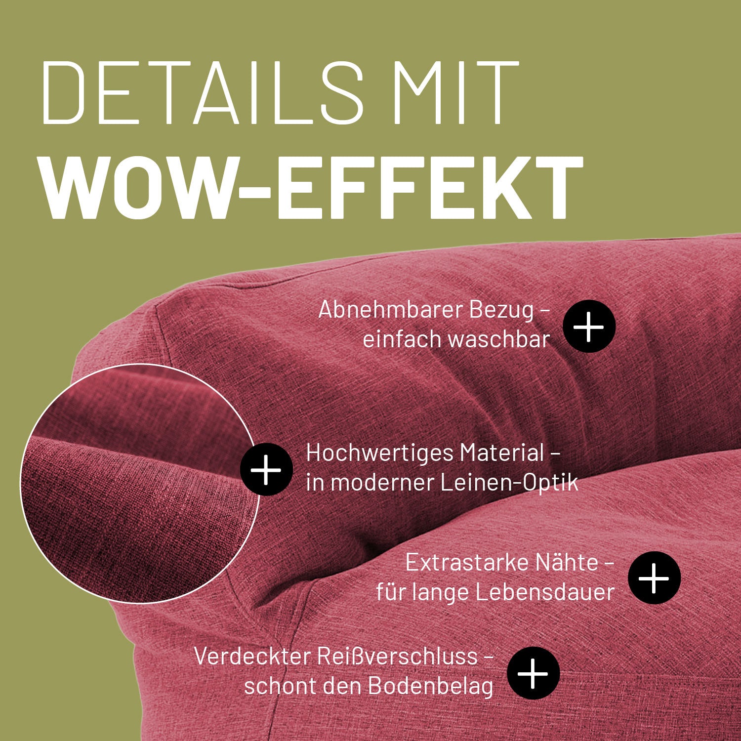Interior Line Sitzsack-Lounge (320 L) Rot aus hochwertigem leinenartigem Material mit abnehmbarem, waschbarem Bezug.
